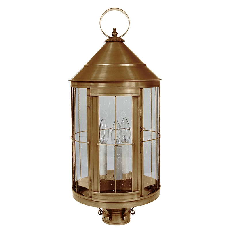 Heal 3 Light 25 inch Antique Brass Post Lamp in Seedy Marine Glass, Three 60W Candelabra