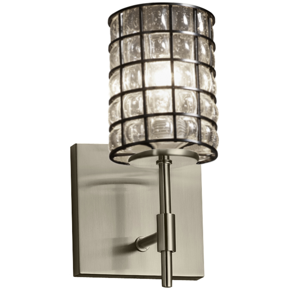 Wire Glass Wall Sconce Wall Light in Brushed Nickel, Grid with Clear Bubbles, Cylinder with Flat Rim, Incandescent, Cylinder