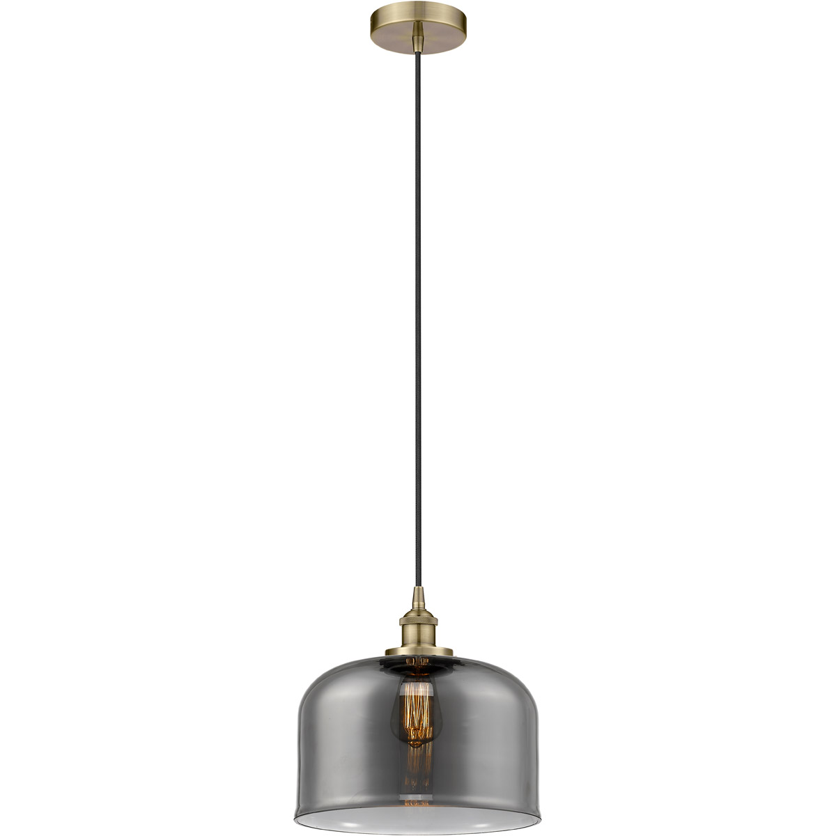 Edison Bell 1 Light 12 inch Antique Brass Mini Pendant Ceiling Light in Light Smoke Glass