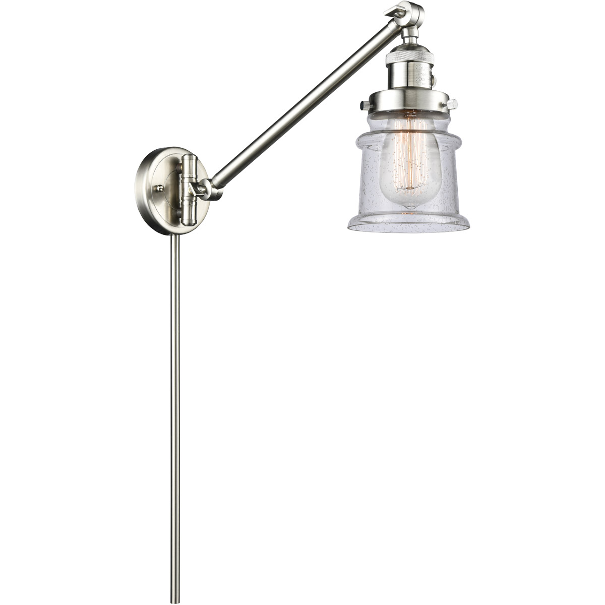 Small Canton 35 inch 3.5 watt Satin Nickel Swing Arm Wall Light in Brushed Satin Nickel, Seedy Glass, Franklin Restoration