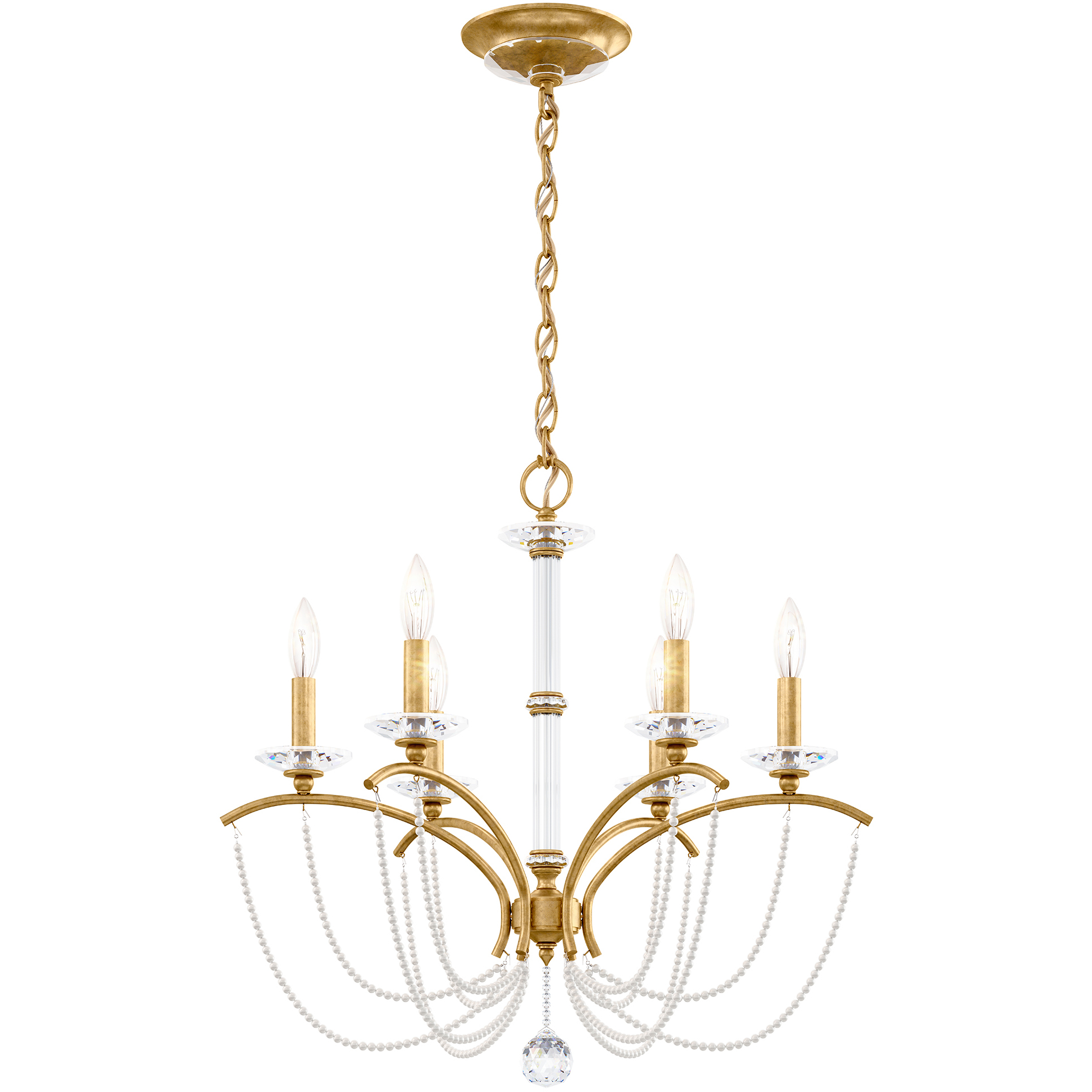 Priscilla 6 Light Heirloom Gold Chandelier Ceiling Light in White Pearl, Adjustable Height