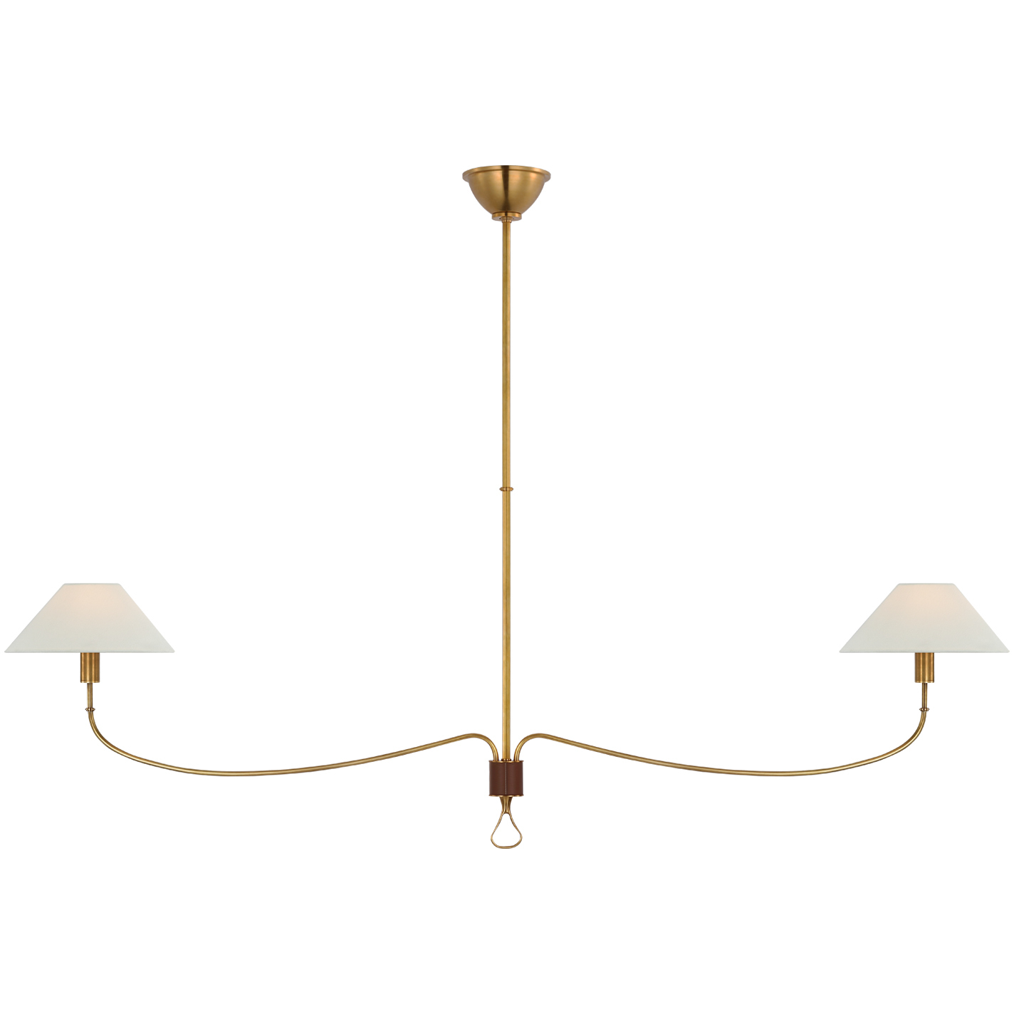 Amber Lewis Griffin LED 62 inch Hand-Rubbed Antique Brass and Saddle Leather Linear Chandelier Ceiling Light, Grande