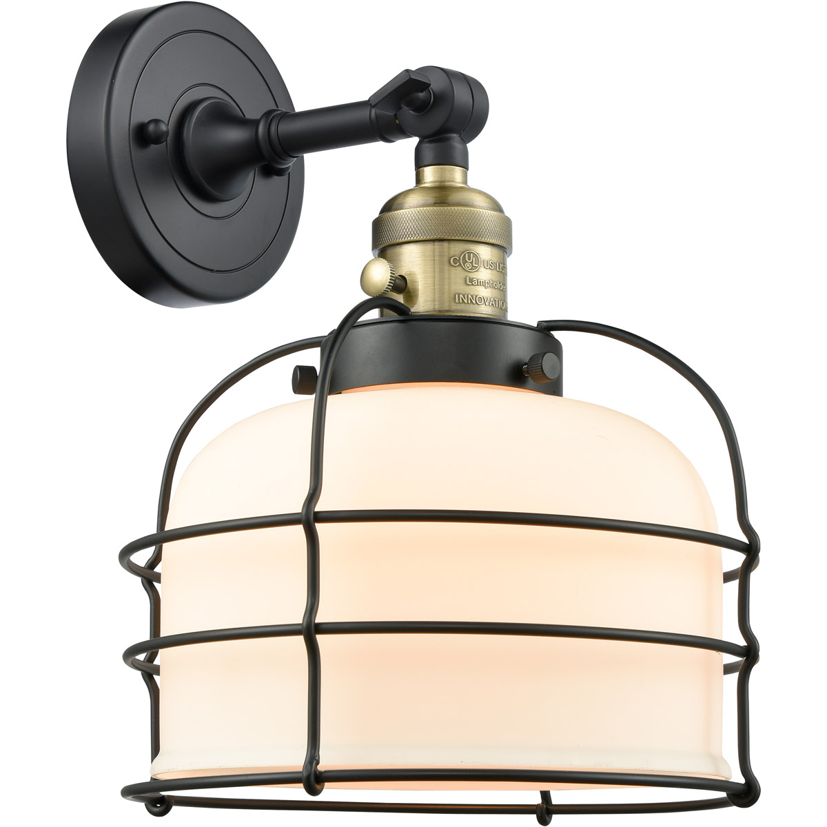 Franklin Restoration Large Bell Cage 1 Light 9 inch Black Antique Brass Sconce Wall Light in Matte White Glass, Franklin Restoration