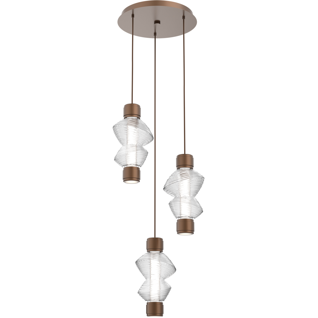 Mesa Mandrel LED Burnished Bronze Multi Pendant Chandelier Ceiling Light in 3000K LED, Clear Blown Glass