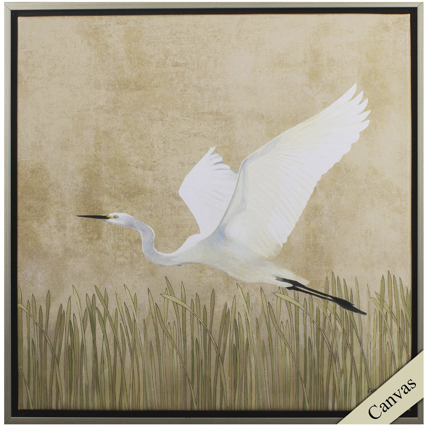 Egret Alighting Neutral and Green and Brown Canvas, Propac