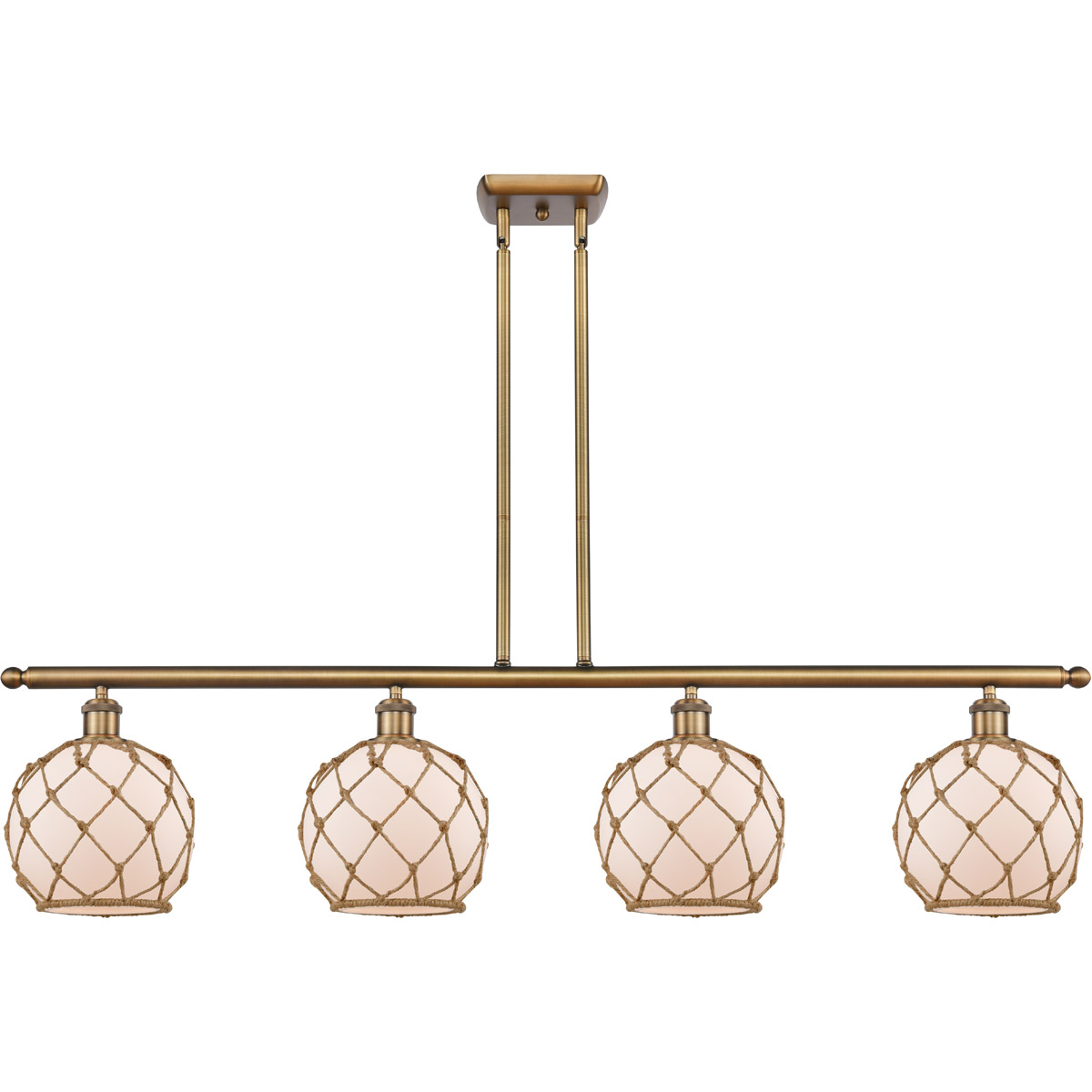 Ballston Farmhouse Rope 4 Light 48 inch Brushed Brass Island Light Ceiling Light in White Glass with Brown Rope, Ballston