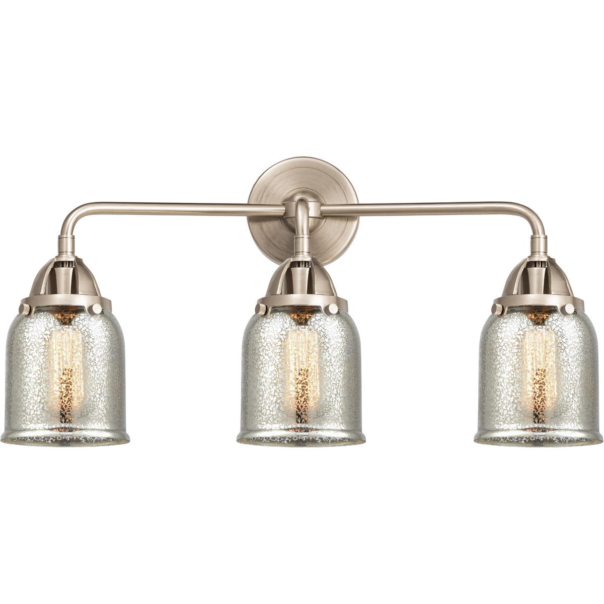Nouveau 2 Small Bell 3 Light 23 inch Brushed Brass Bath Vanity Light Wall Light in Silver Plated Mercury Glass