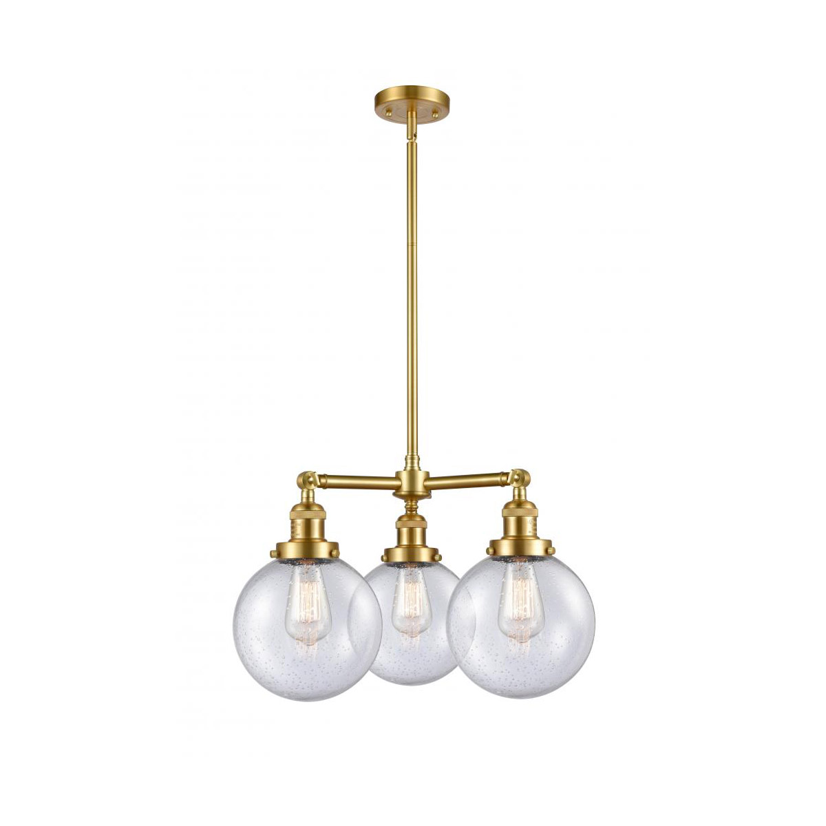 Franklin Restoration Large Beacon 3 Light 22 inch Satin Gold Chandelier Ceiling Light in Seedy Glass, Franklin Restoration