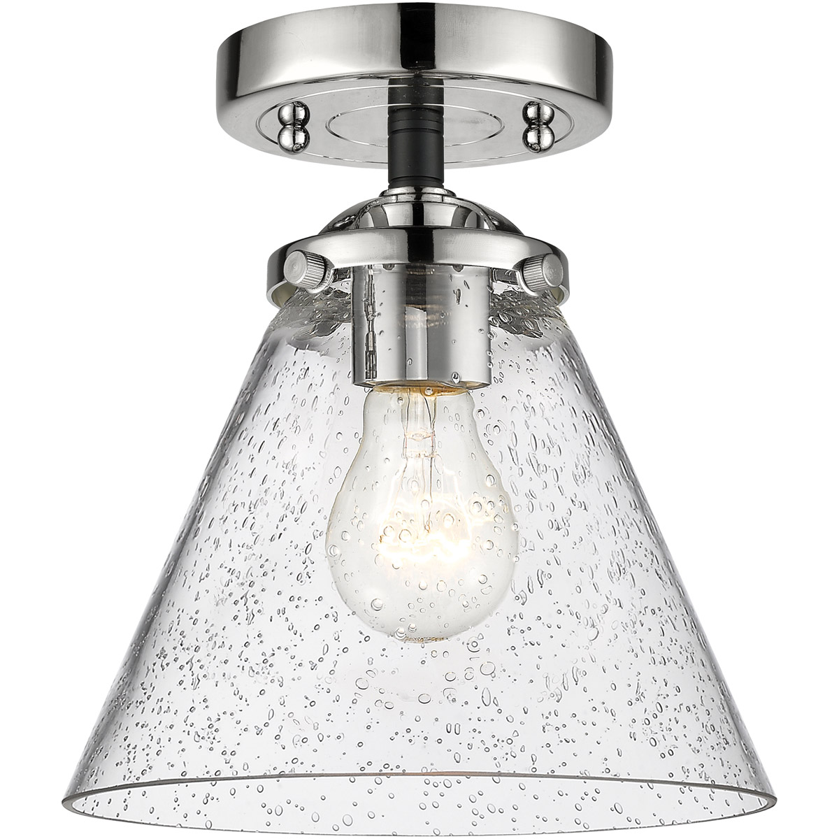 Nouveau Large Cone LED 8 inch Black Polished Nickel Semi-Flush Mount Ceiling Light in Seedy Glass, Nouveau