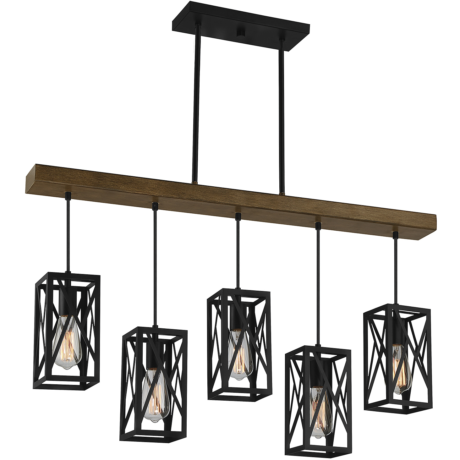 Industrial 5 Light 38 inch Wood with Black Linear Chandelier Ceiling Light