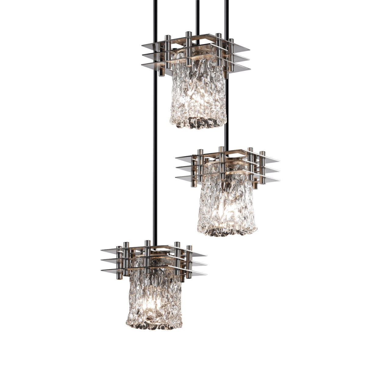 Metropolis 3 Light 7 inch Brushed Nickel Pendant Ceiling Light in Clear Textured (Veneto Luce), Cylinder with Rippled Rim