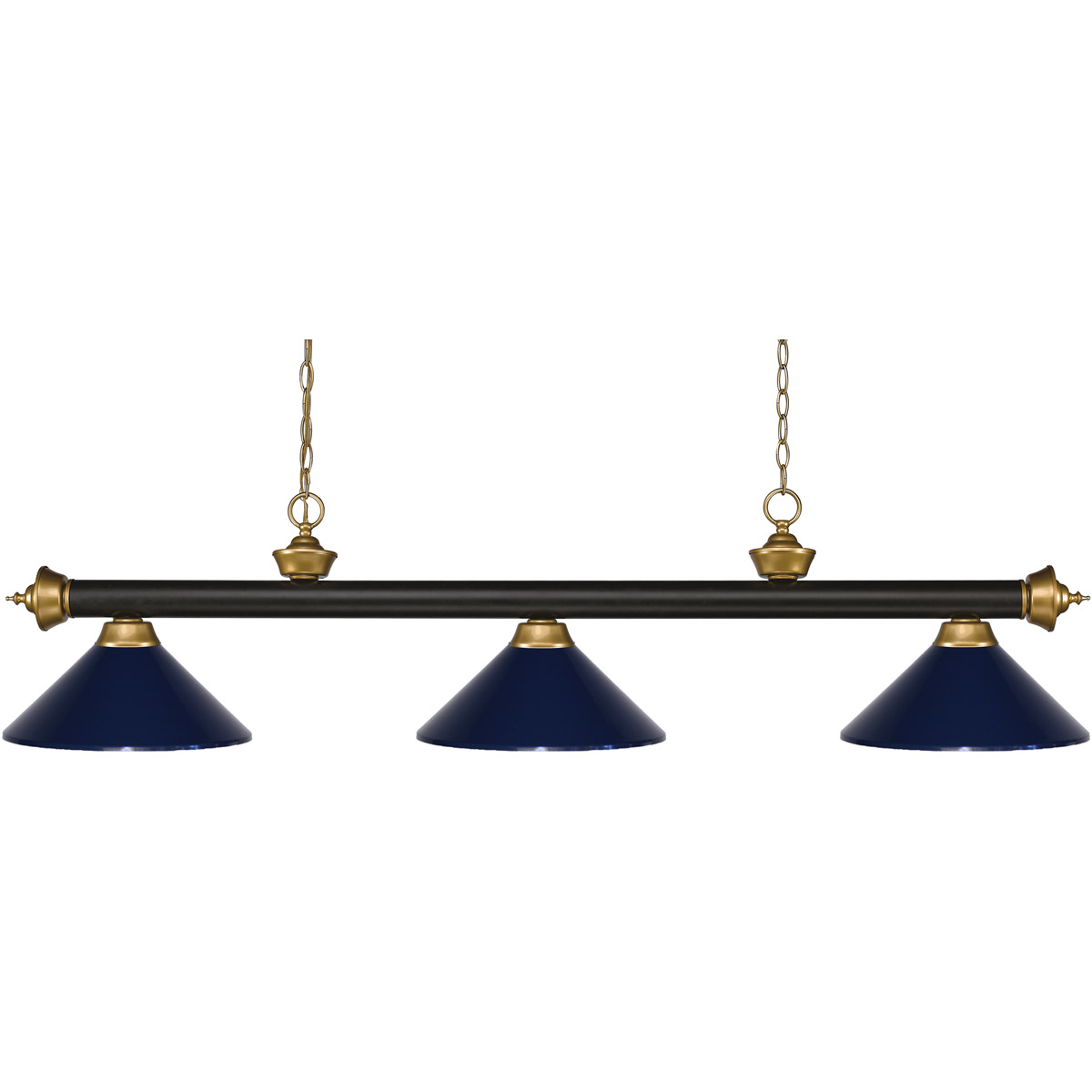 Riviera 3 Light 57 inch Bronze and Satin Gold Billiard Ceiling Light in 12.25, Navy Blue Steel