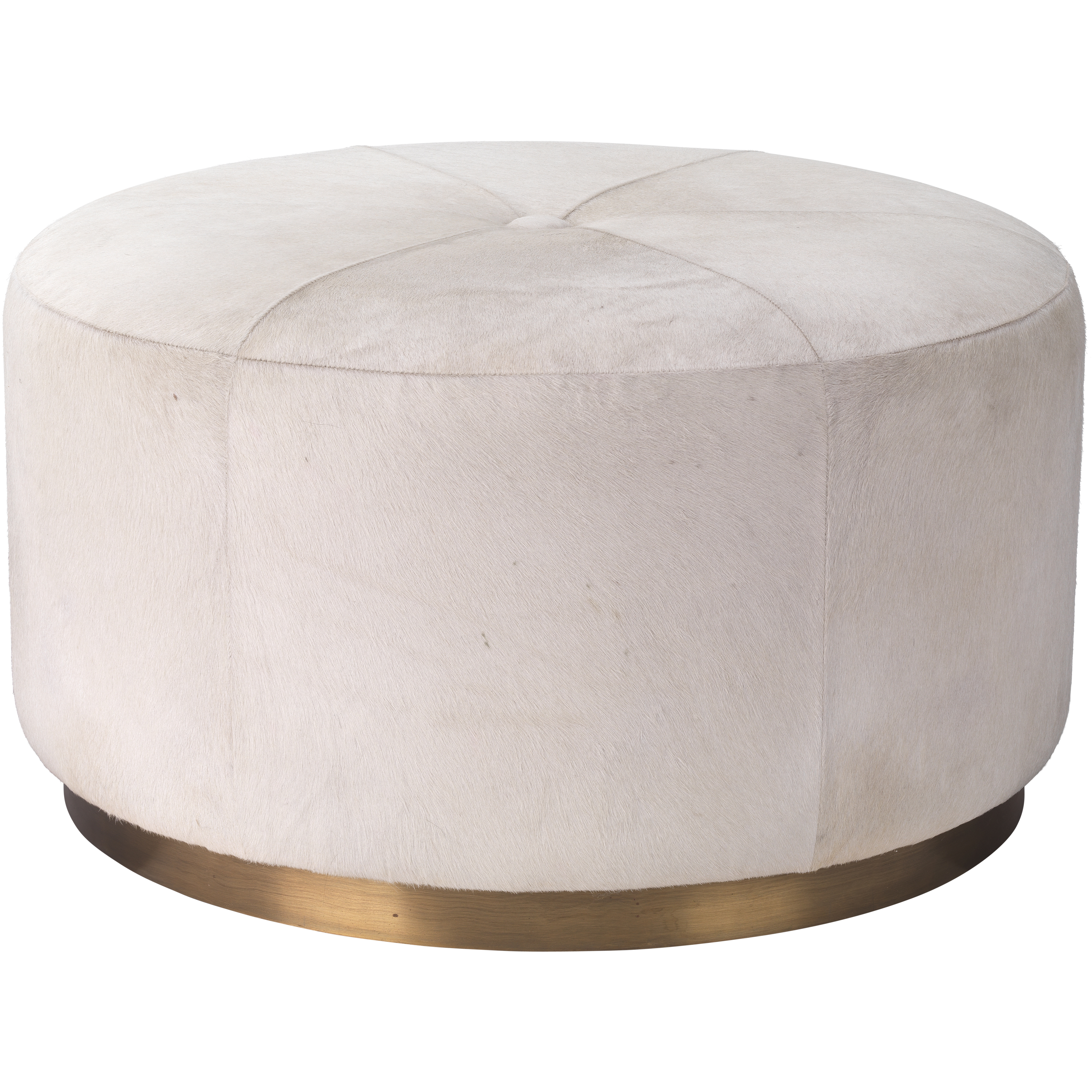 Thackeray 16 inch White Hide & Antique Brass Metal Round Pouf in White Hide and Antique Brass Metal