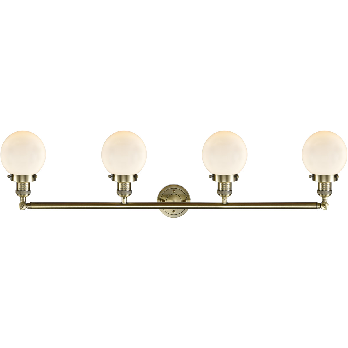 Franklin Restoration Beacon 4 Light 42 inch Antique Brass Bath Vanity Light Wall Light in Incandescent, Matte White Glass, Franklin Restoration