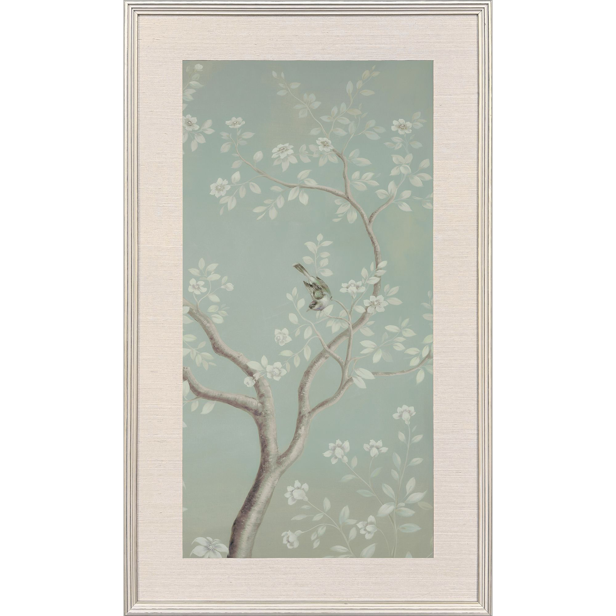 Birds and Flowers II Green and Beige and Gray Framed Art