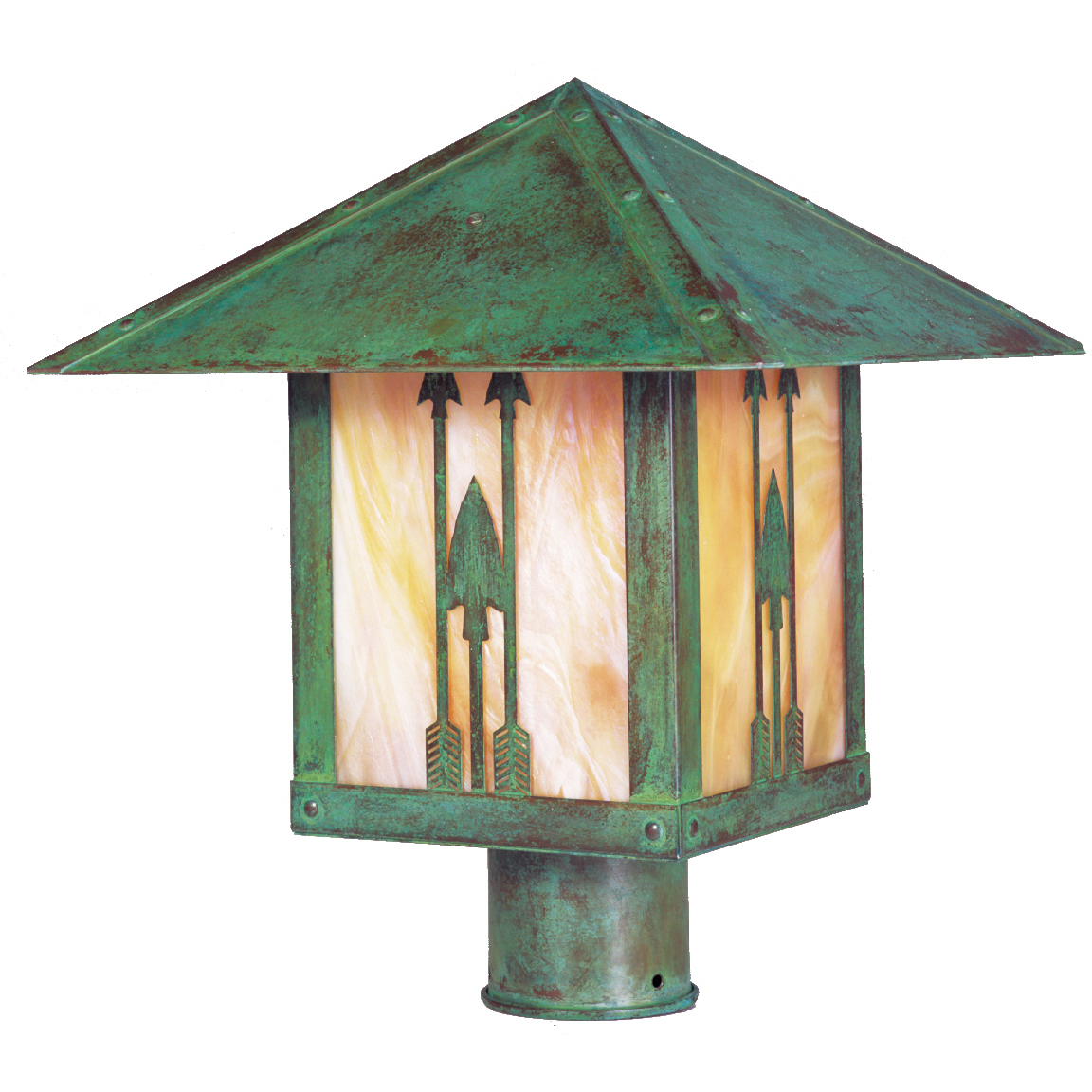 Timber Ridge 1 Light 12 inch Verdigris Patina Post Mount in White Opalescent, Trout Filigree