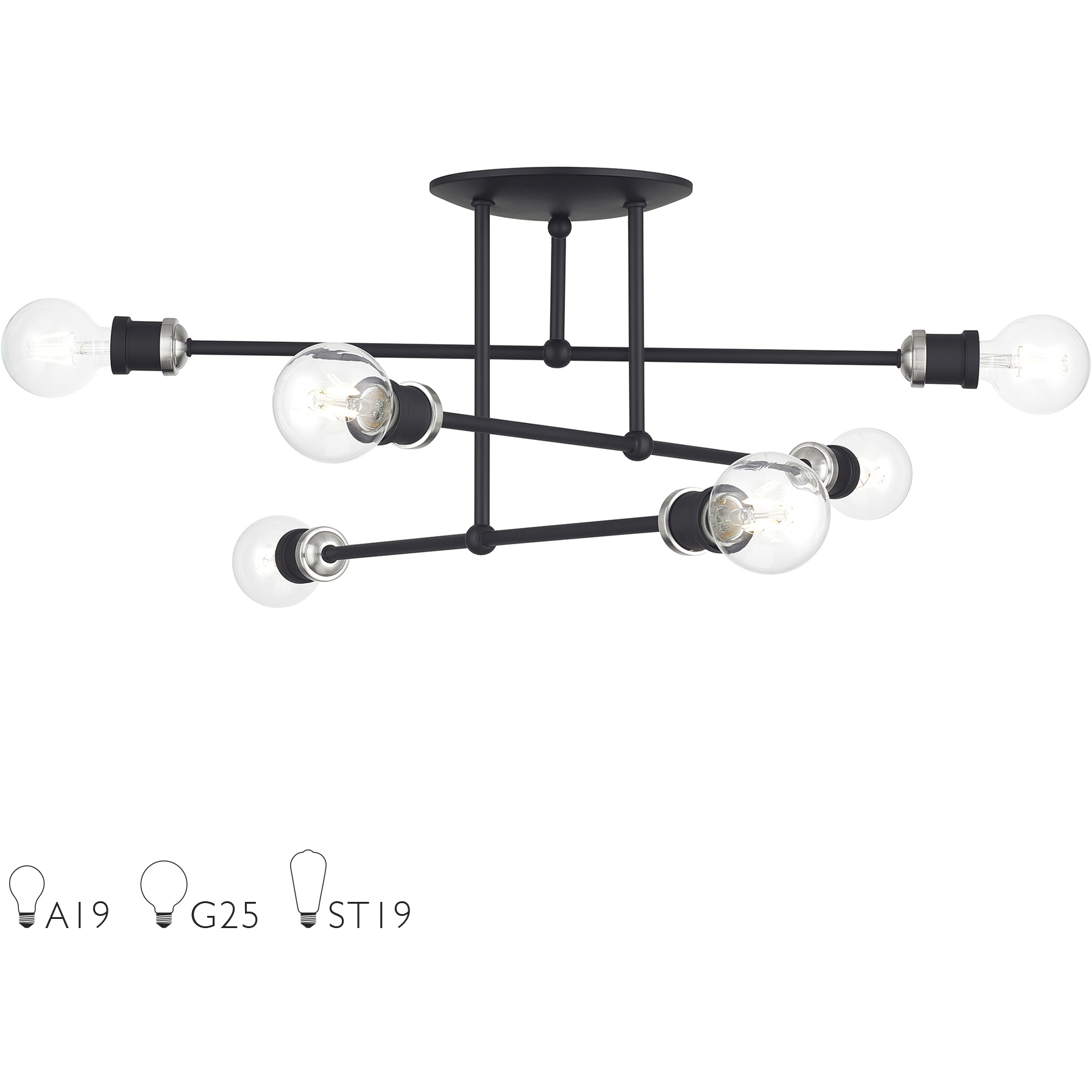 Delacroix 6 Light 28 inch Black with Brushed Nickel Accents Semi-Flush Ceiling Light