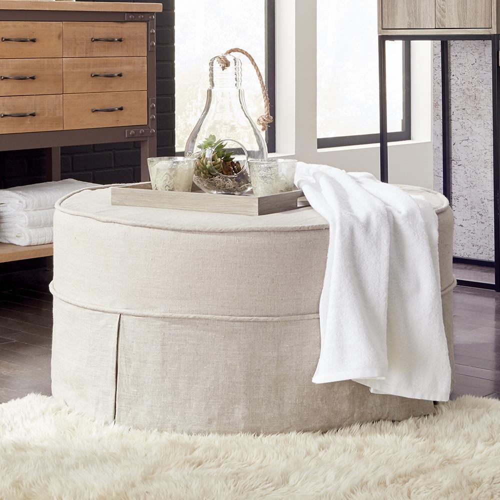 Universal 18 inch Linen Slub Natural Round Ottoman with Slipcover