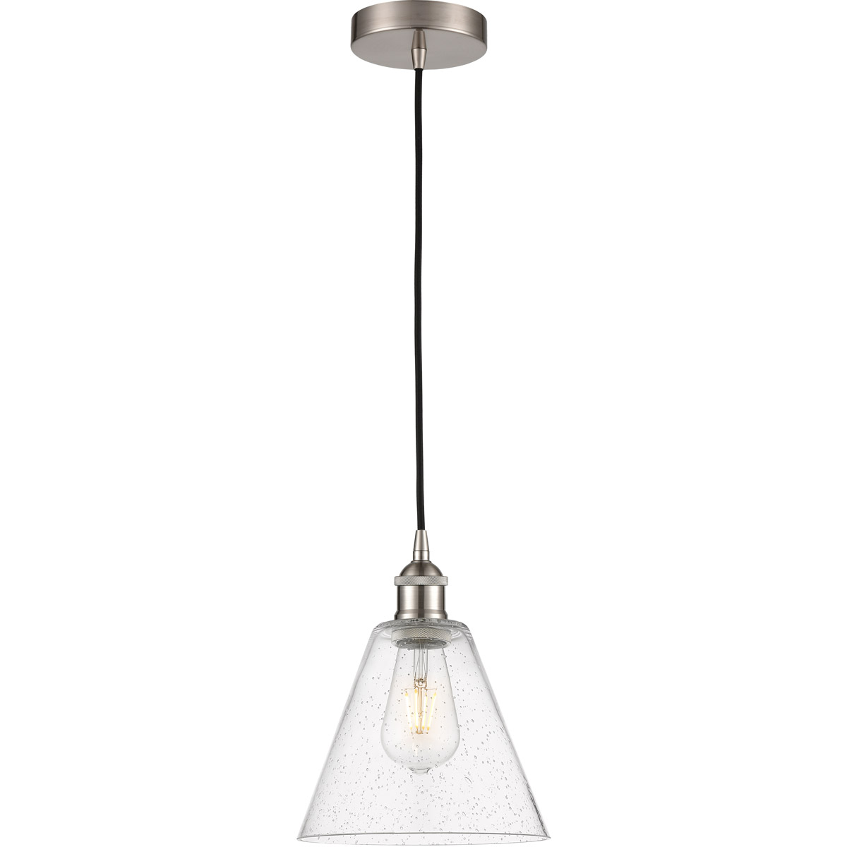 Edison Cone LED 8 inch Brushed Satin Nickel Mini Pendant Ceiling Light in Seedy Glass