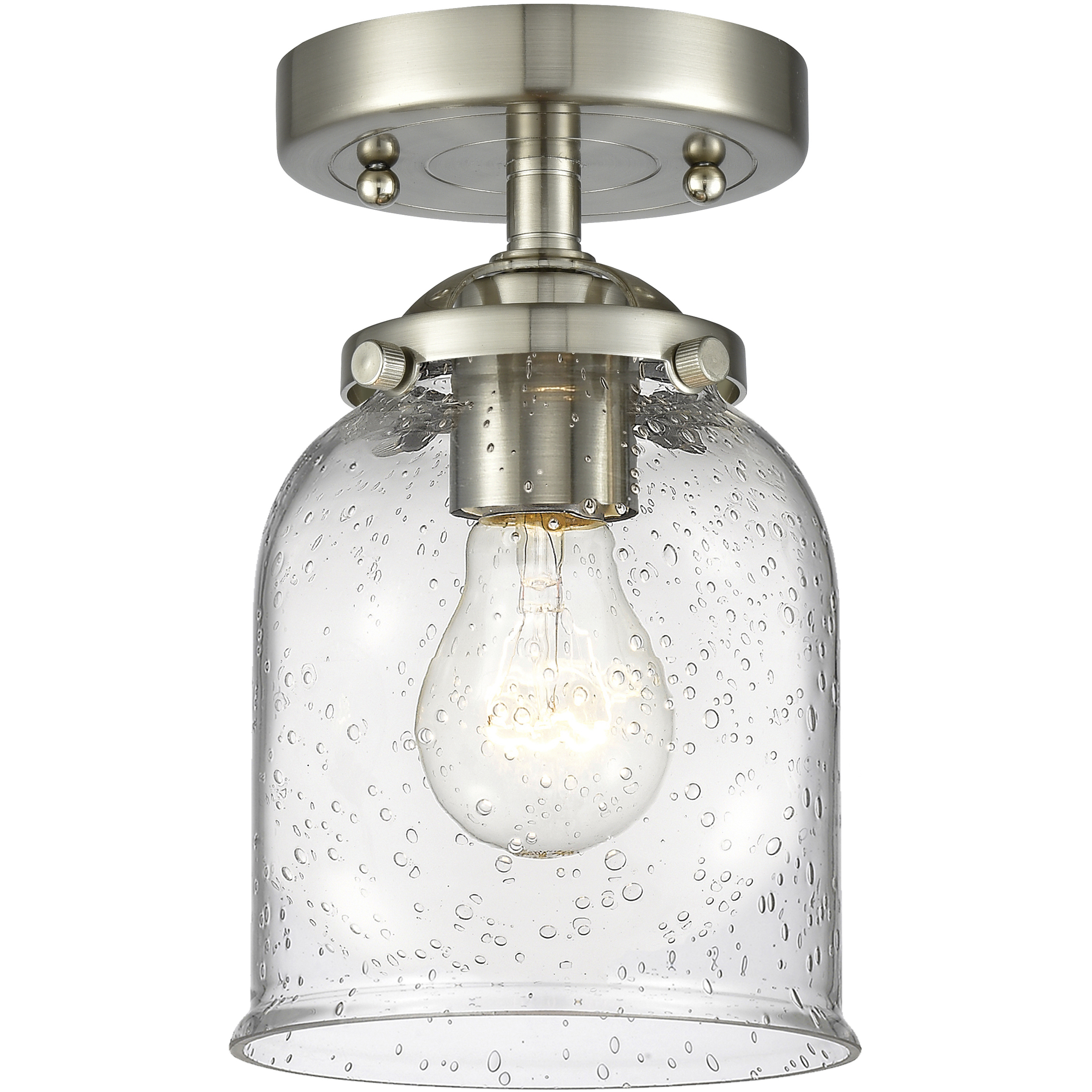Nouveau Small Bell LED 5 inch Brushed Satin Nickel Semi-Flush Mount Ceiling Light in Seedy Glass, Nouveau