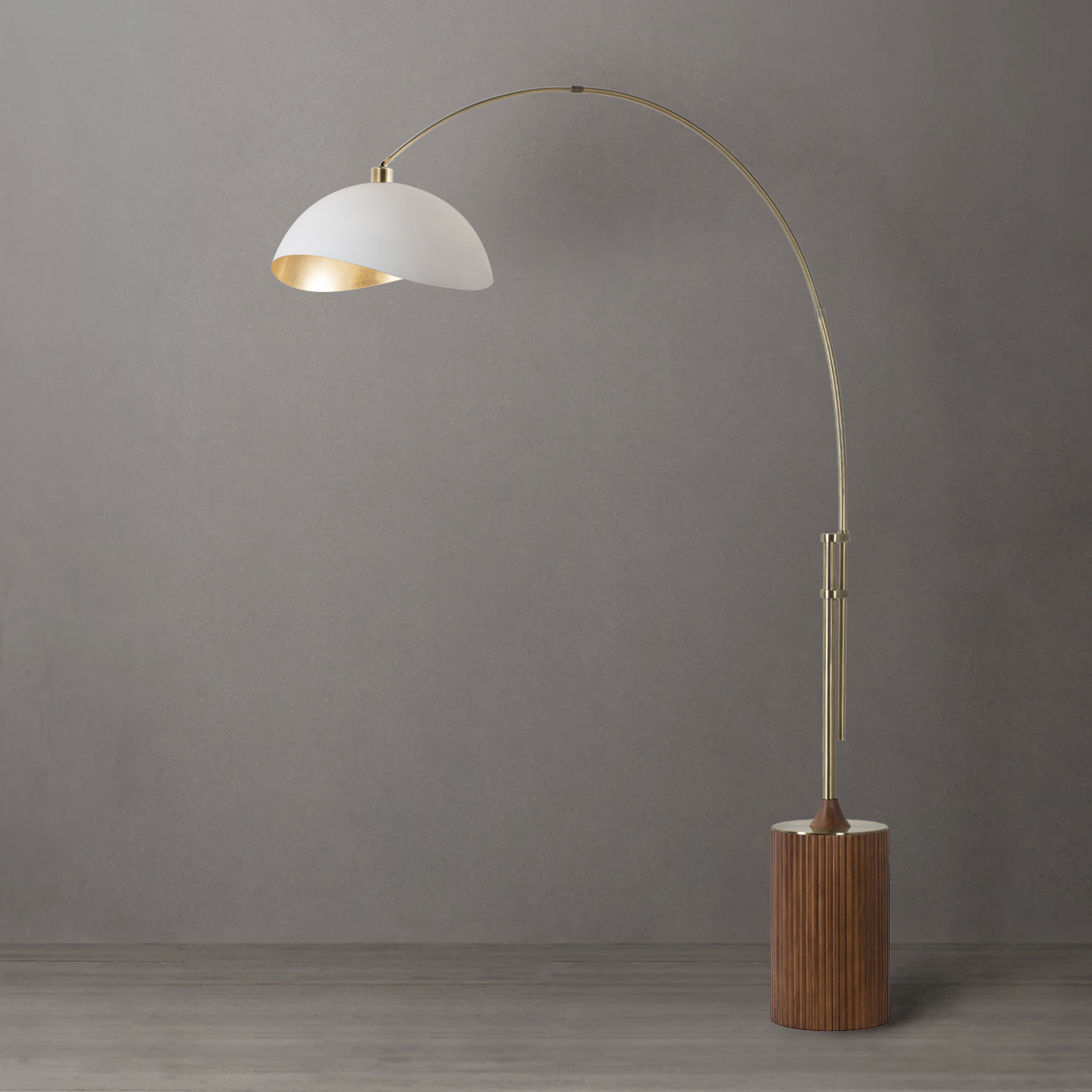 Tambo 92 inch 14 watt Weathered Brass and Dark Walnut Arc Floor Lamp Portable Light in Matte White and Gold Steel