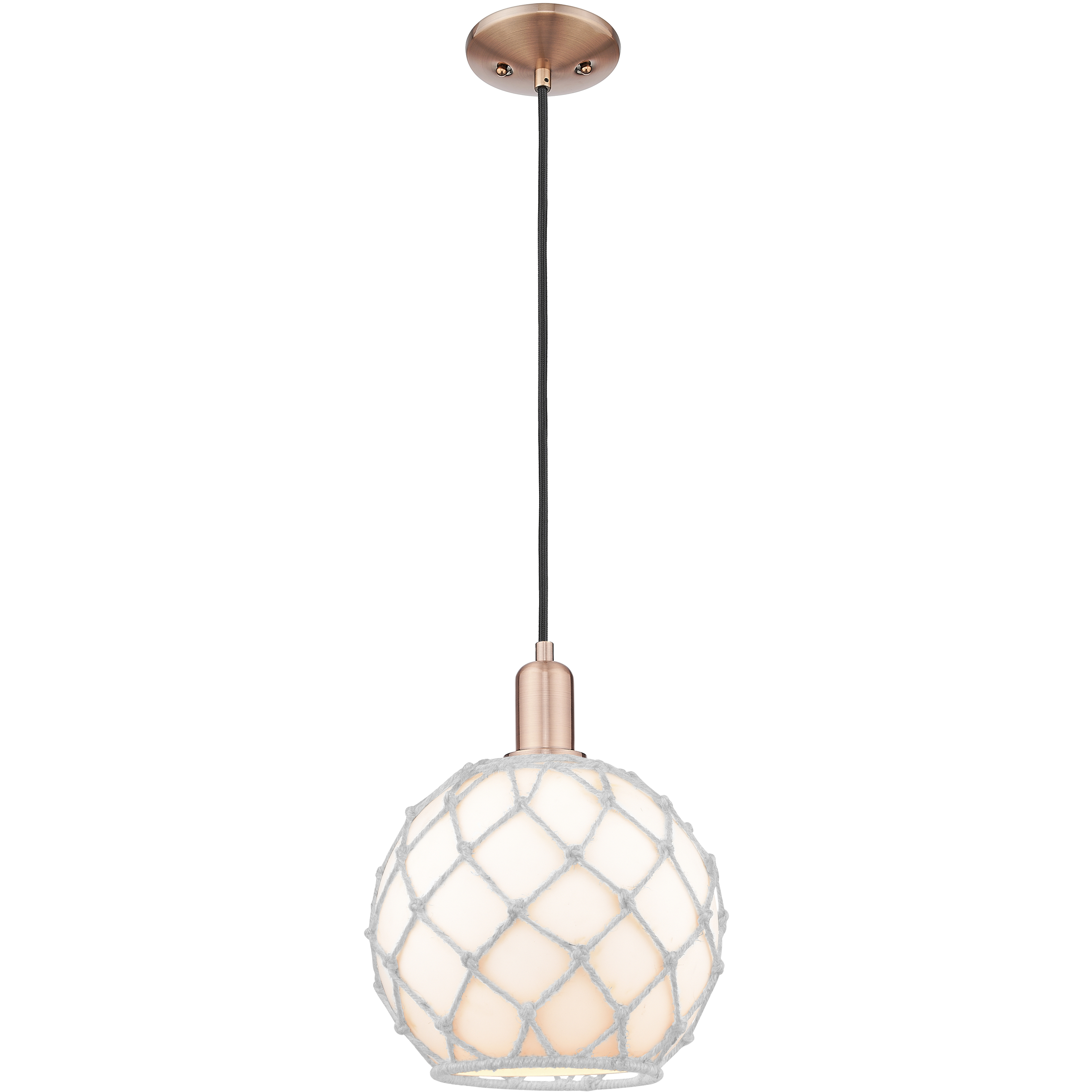 Arcadia Farmhouse Rope 1 Light 10 inch Antique Copper Mini Pendant Ceiling Light in White Glass with White Rope