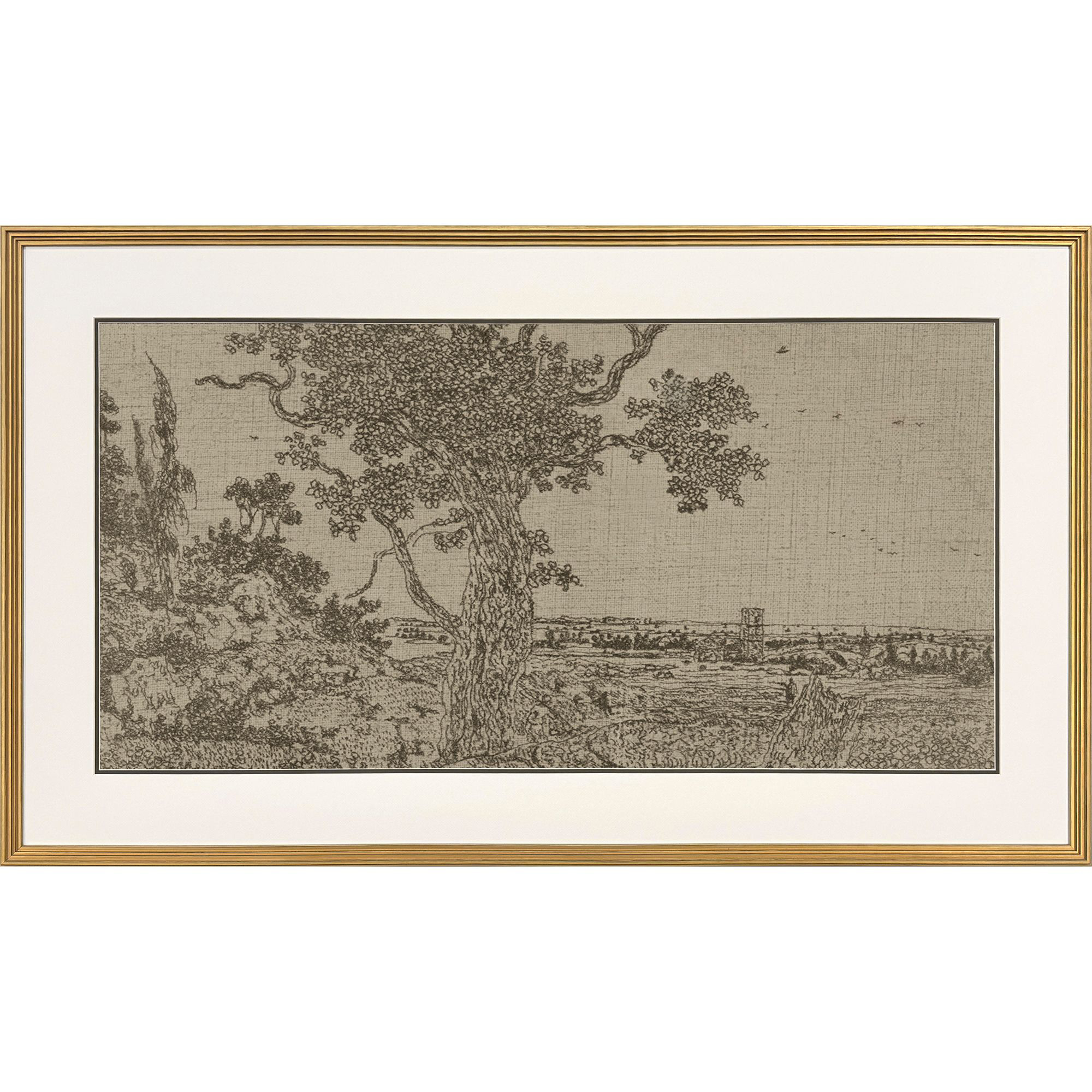 Landscape with Oak Tree Brown and Neutral and Sepia Framed Art