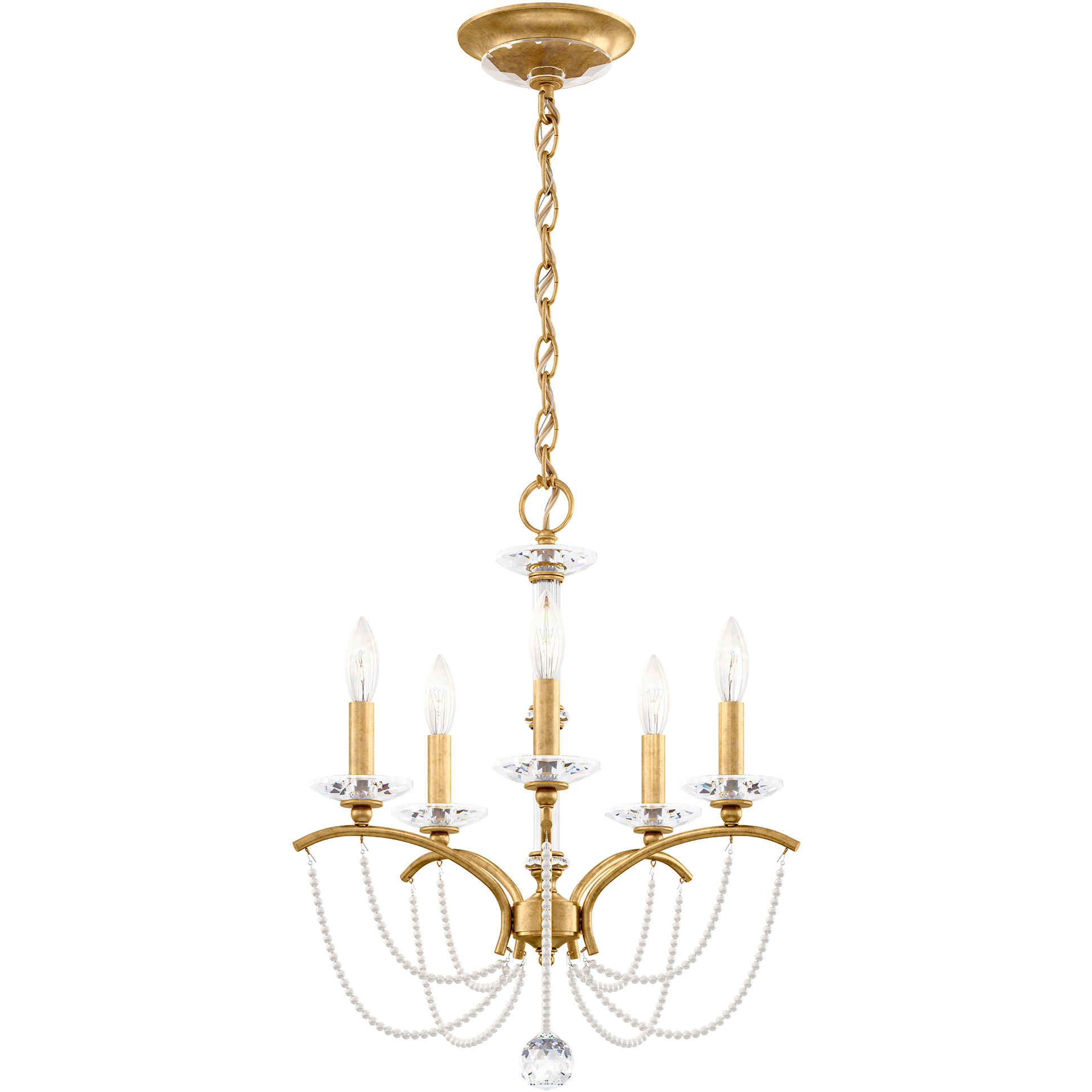 Priscilla 5 Light Heirloom Gold Chandelier Ceiling Light in White Pearl, Adjustable Height