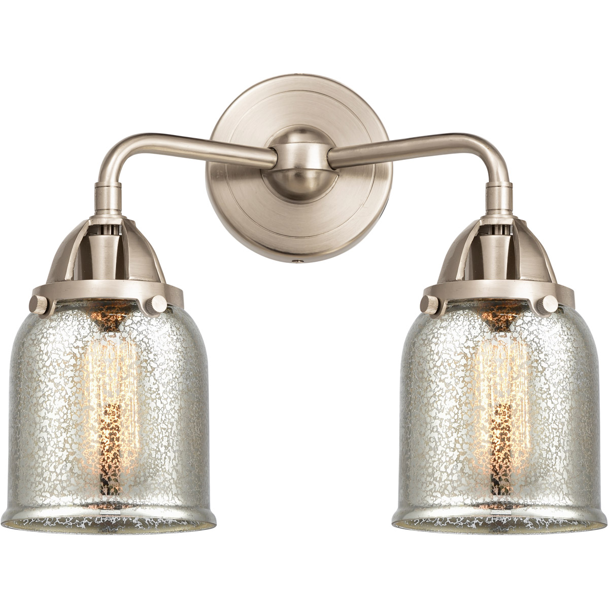 Nouveau 2 Small Bell 2 Light 13 inch Brushed Satin Nickel Bath Vanity Light Wall Light in Silver Plated Mercury Glass