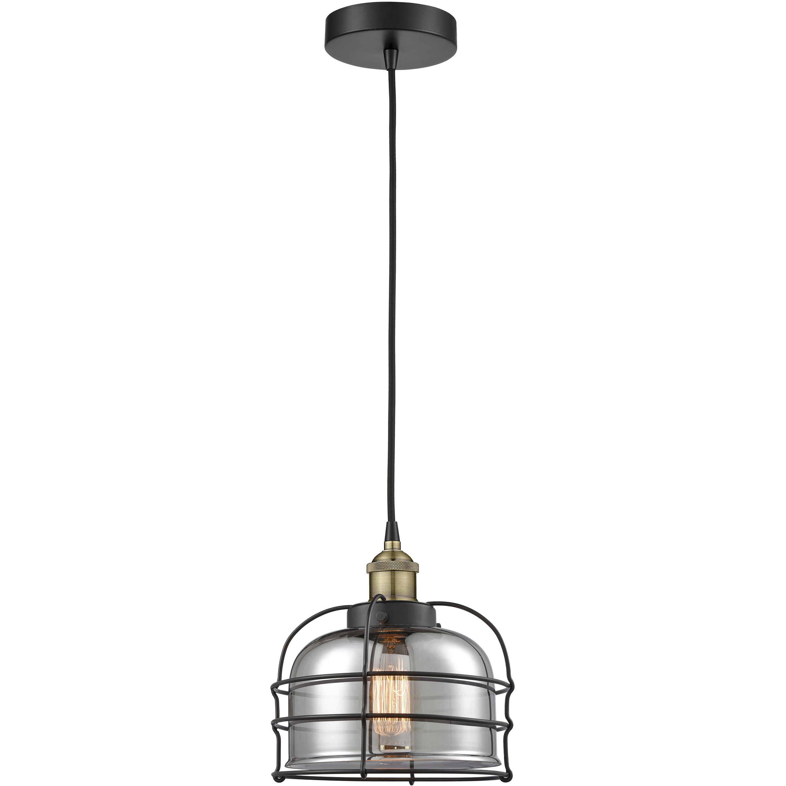 Bell Cage 1 Light 9 inch Black Antique Brass Mini Pendant Ceiling Light in Light Smoke Glass