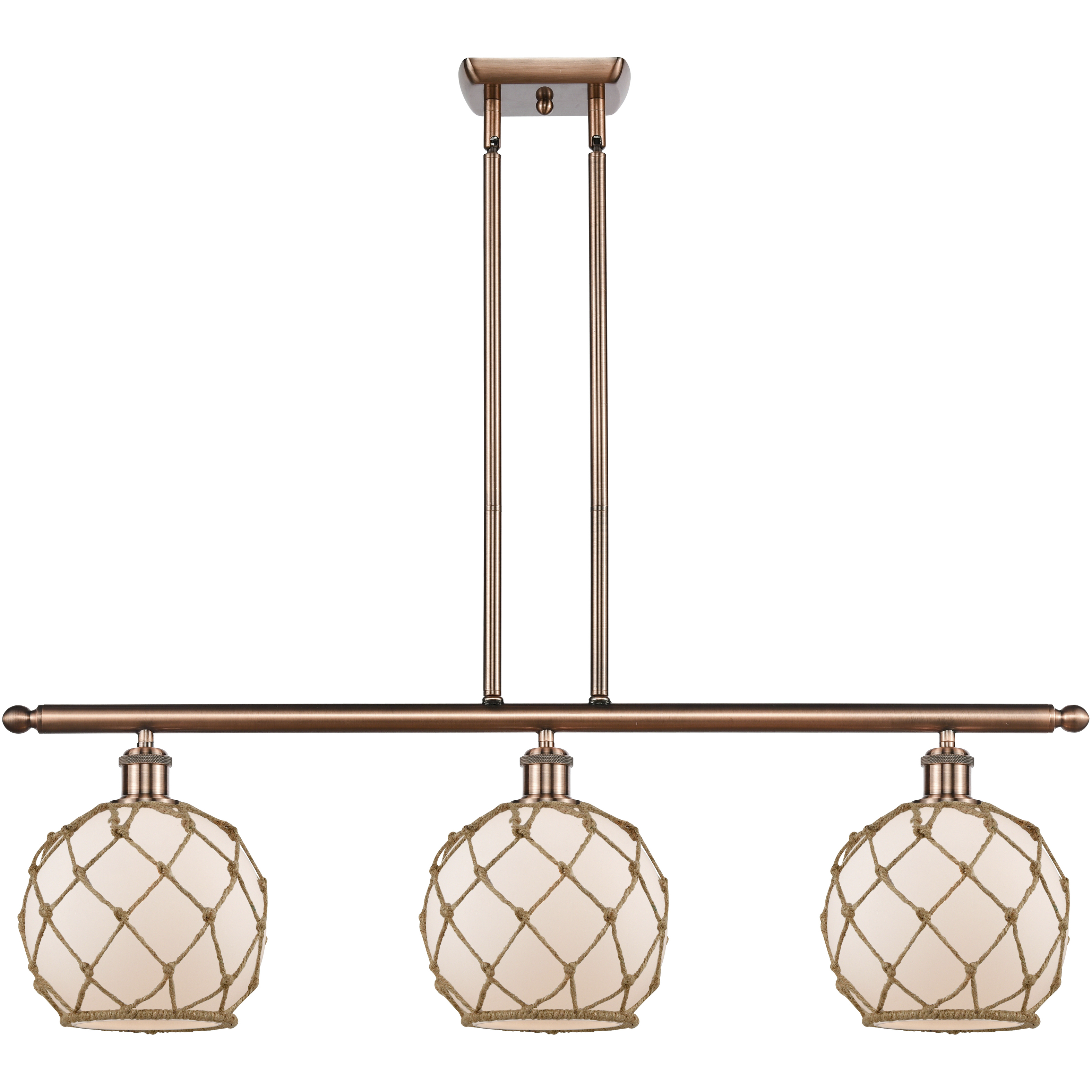 Ballston Farmhouse Rope LED 36 inch Antique Copper Island Light Ceiling Light in White Glass with Brown Rope, Ballston