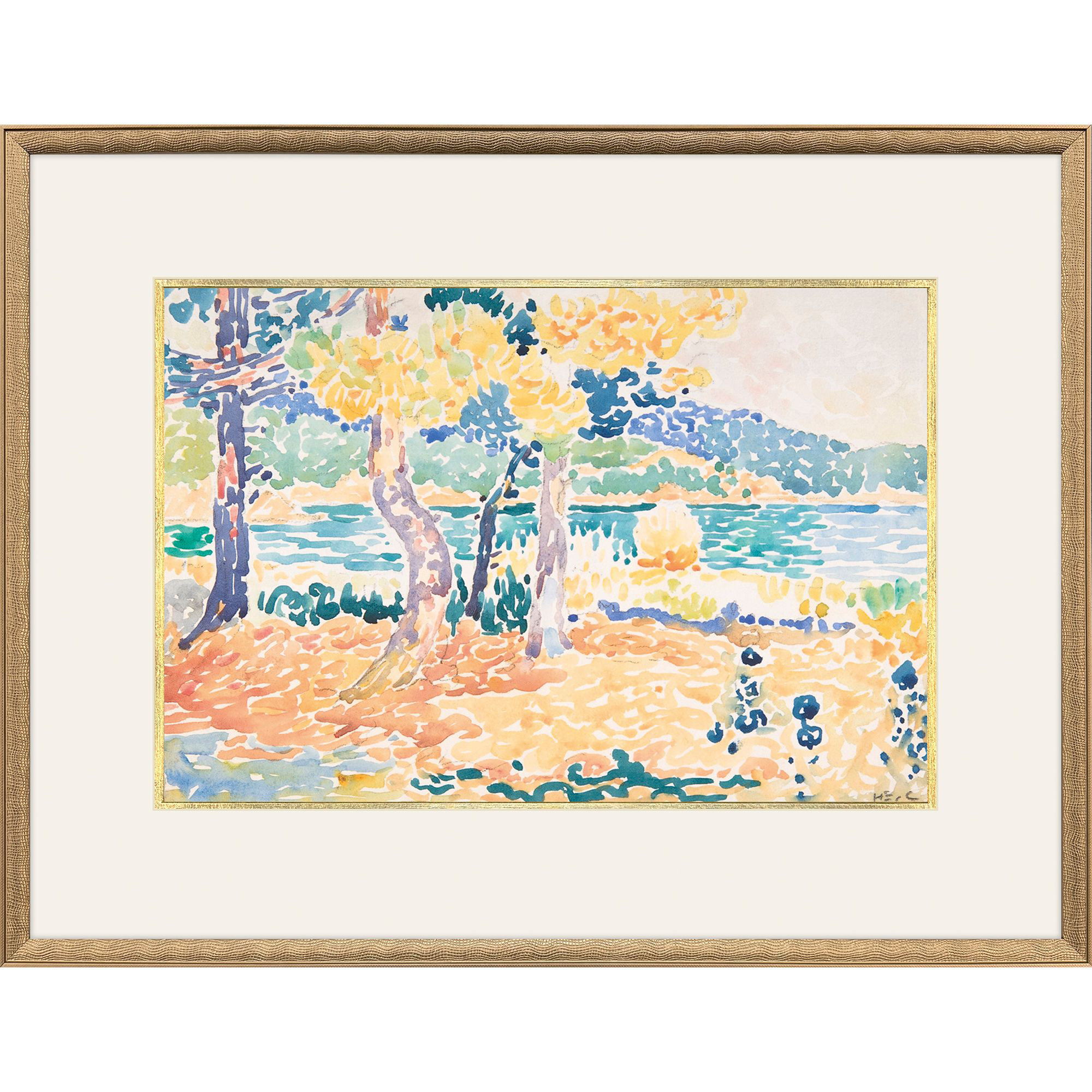 Early Pines on Coastline Yellow and Blue and Green Framed Art