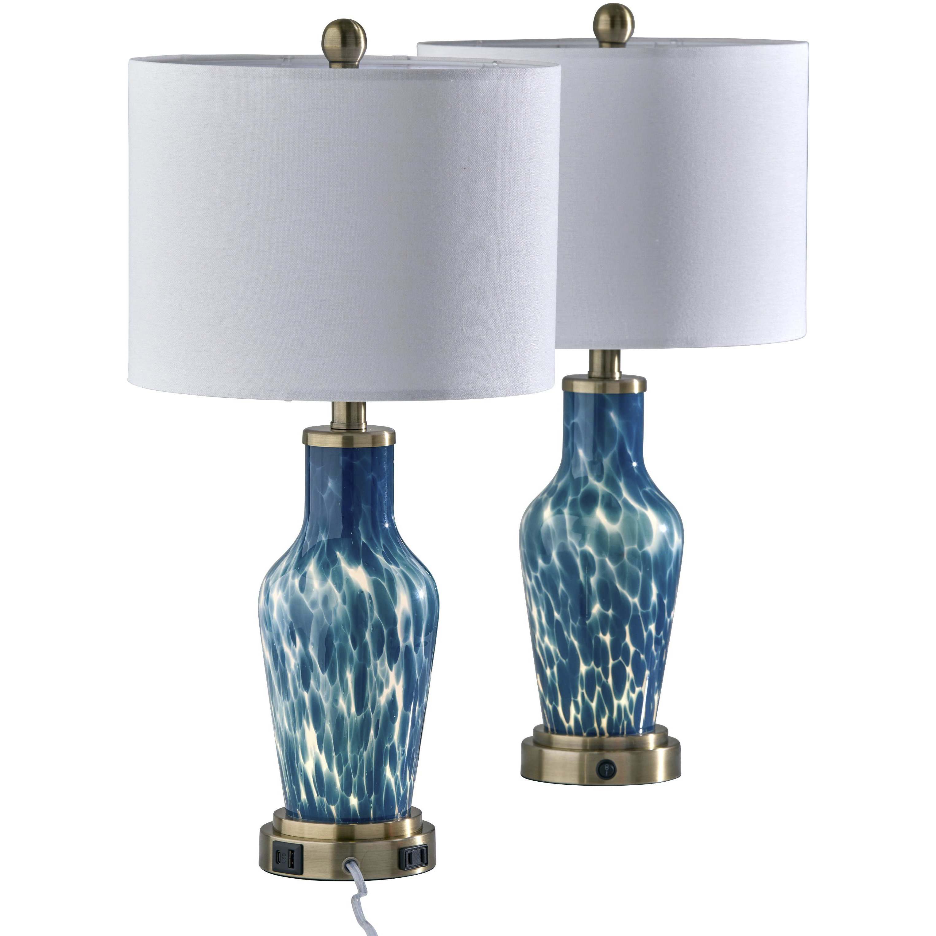 Grady 23.83 inch 100 watt Blue Texture Glass and Antique Brass Table Lamps Portable Light, Set of 2, Simplee Adesso