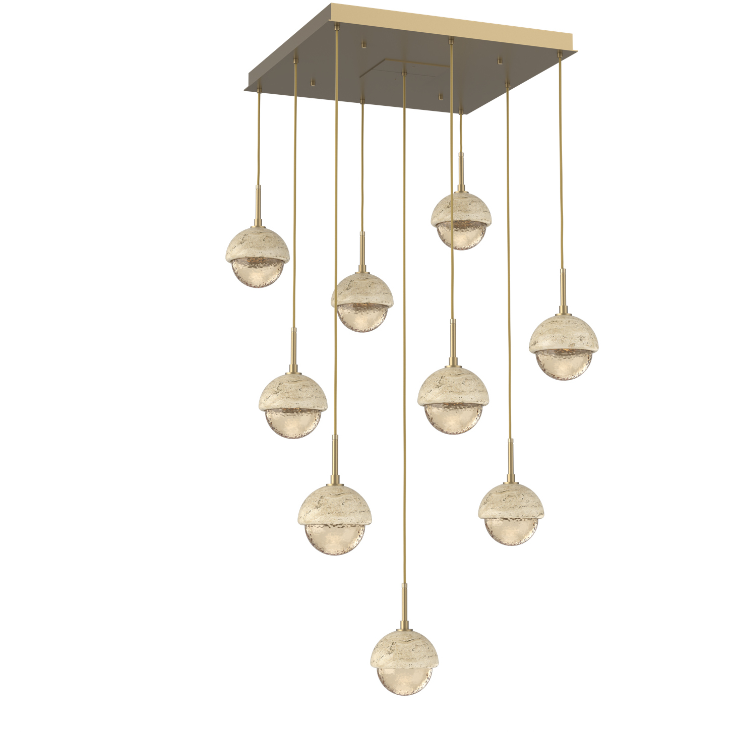 Cabochon LED Gilded Brass with Travertine Stone Pendant Chandelier Ceiling Light in 3000K LED, Amber
