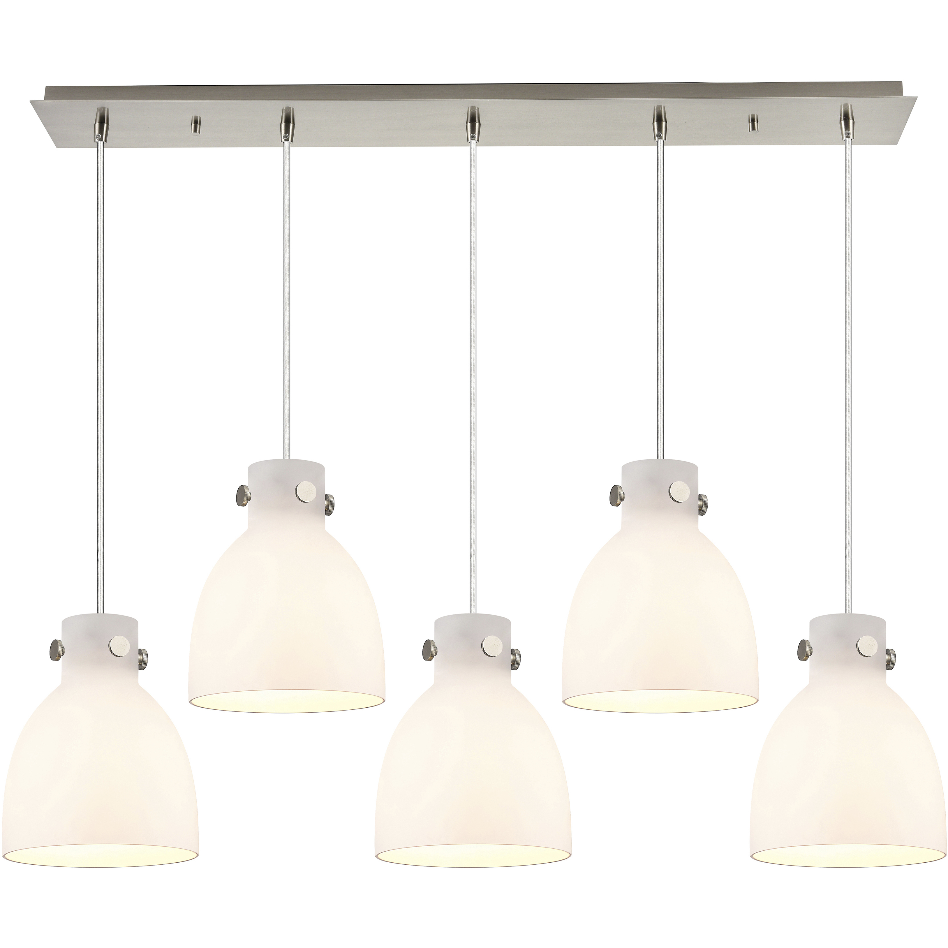 Newton Bell 5 Light 39.75 inch Brushed Satin Nickel Linear Pendant Ceiling Light in White Glass