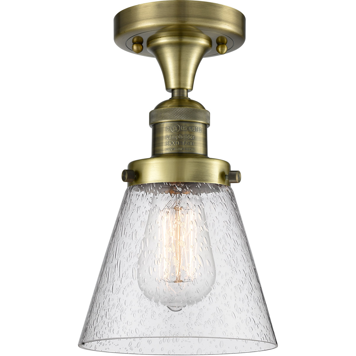 Franklin Restoration Small Cone 1 Light 7 inch Antique Brass Semi-Flush Mount Ceiling Light in Incandescent, Seedy Glass, Franklin Restoration