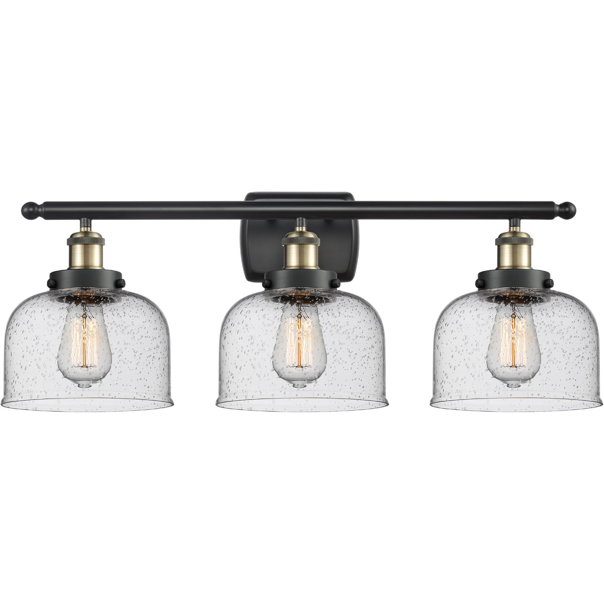 Ballston Large Bell 3 Light 26 inch Black Antique Brass Bath Vanity Light Wall Light in Seedy Glass