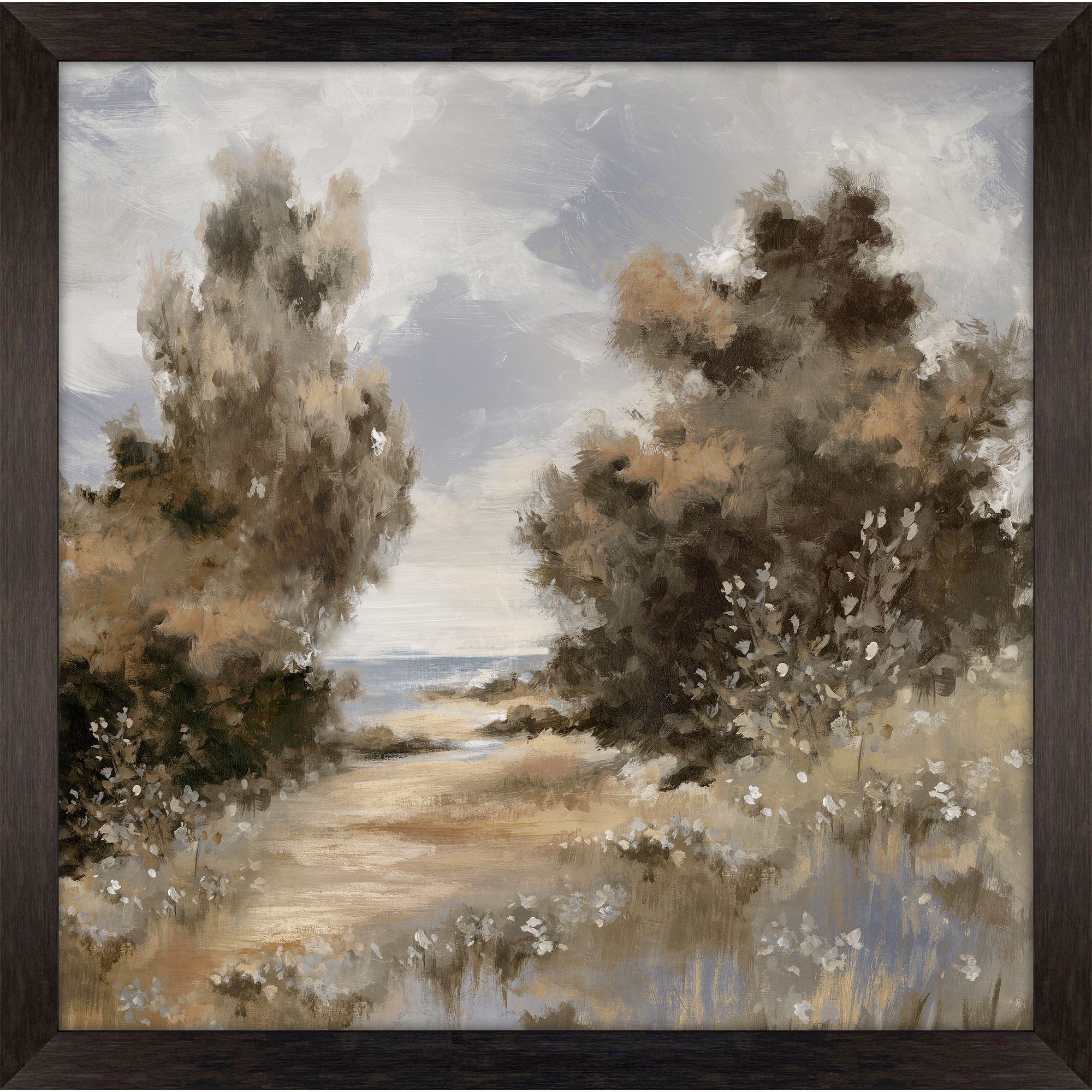 Pathway to Tranquil Shore Blue and Beige and Brown and Gray Canvas