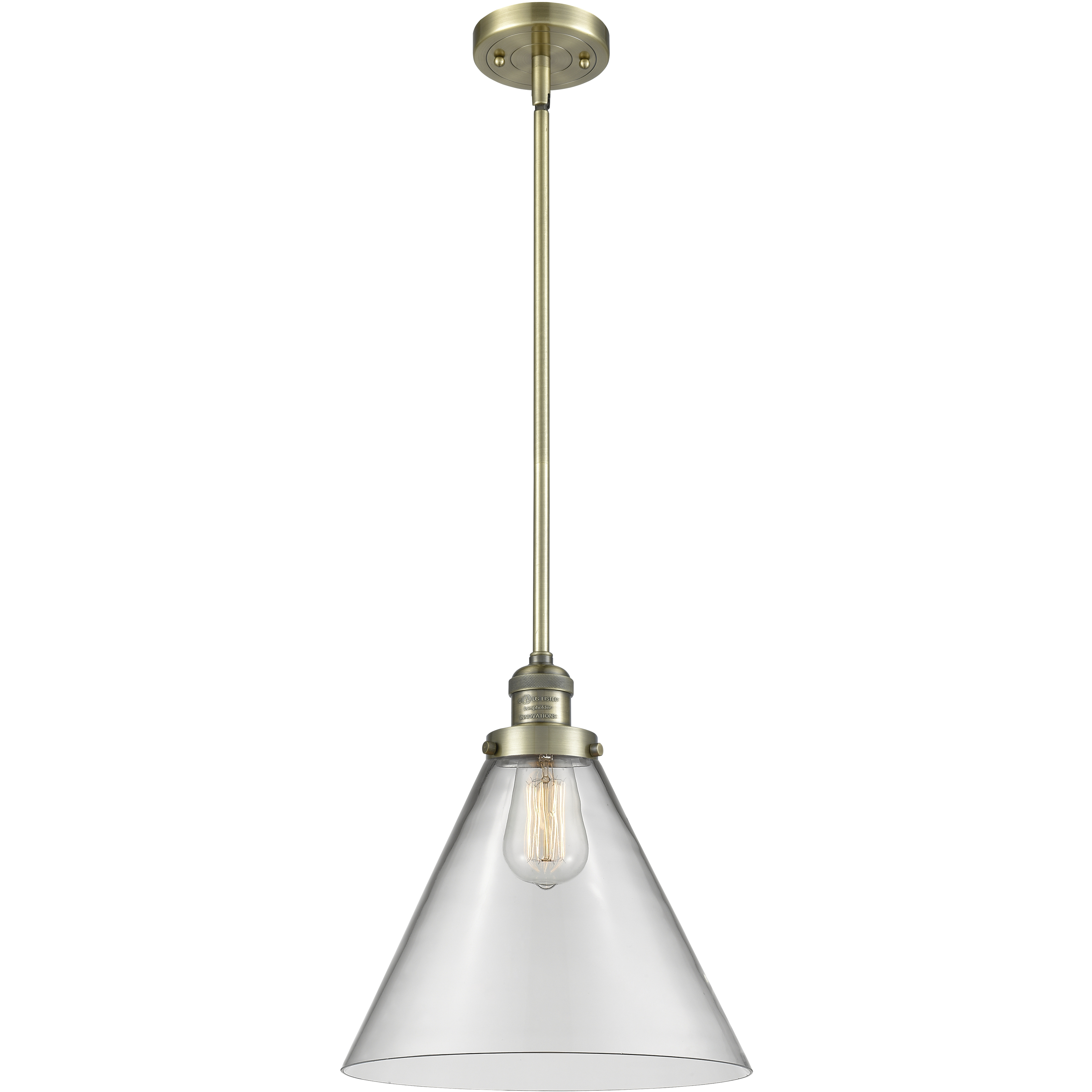 Franklin Restoration Cone LED 12 inch Antique Brass Mini Pendant Ceiling Light in Clear, Franklin Restoration
