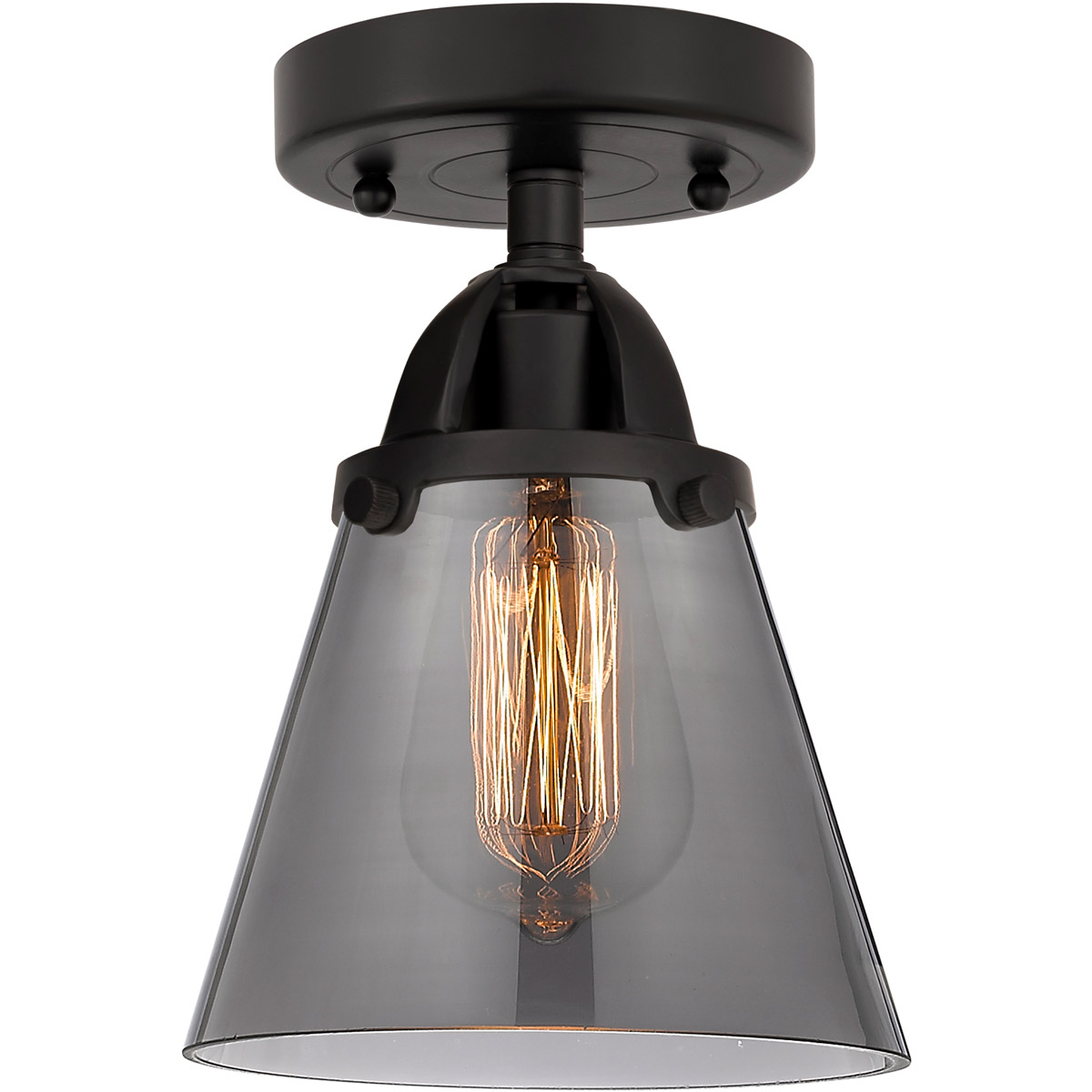Nouveau 2 Small Cone 1 Light 6 inch Matte Black Semi-Flush Mount Ceiling Light in Plated Smoke Glass