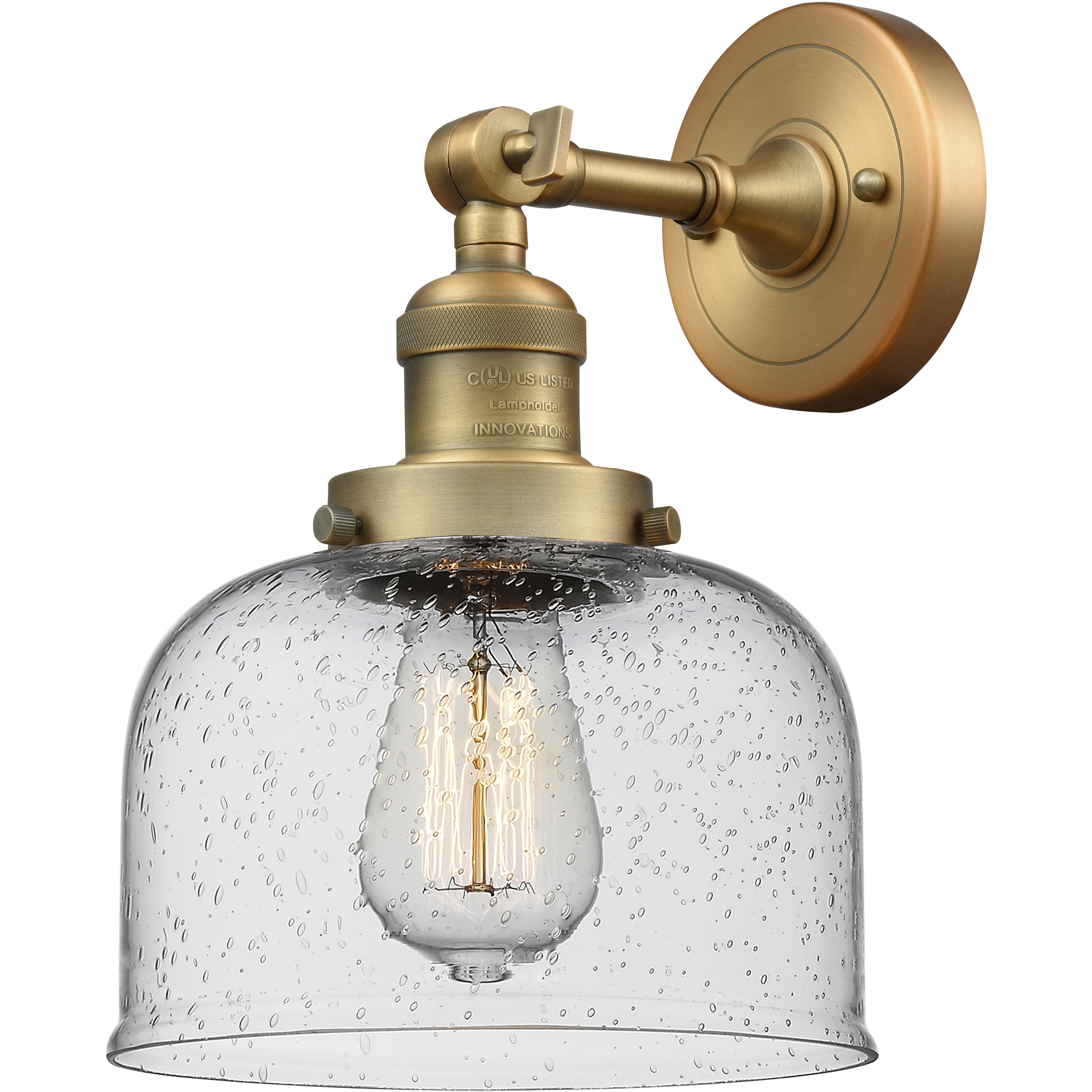 Franklin Restoration Large Bell 1 Light 8 inch Brushed Brass Semi-Flush Mount Ceiling Light in Seedy Glass, Franklin Restoration