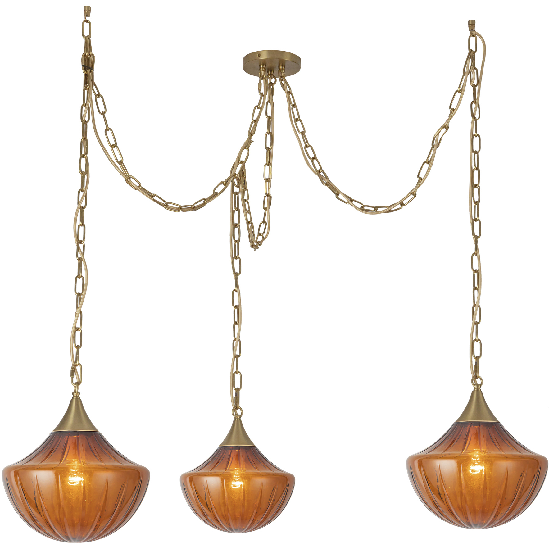 Alora Mood Farrah 3 Light 11.88 inch Brushed Gold Pendant Ceiling Light in Amber Ribbed Glass