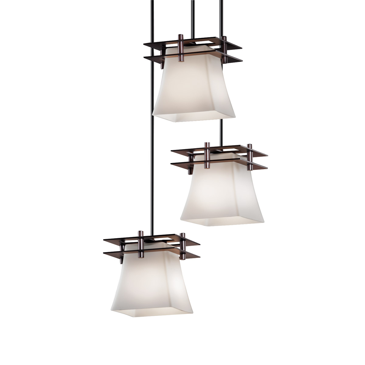 Metropolis 3 Light Dark Bronze Pendant Ceiling Light in Opal, Square Flared