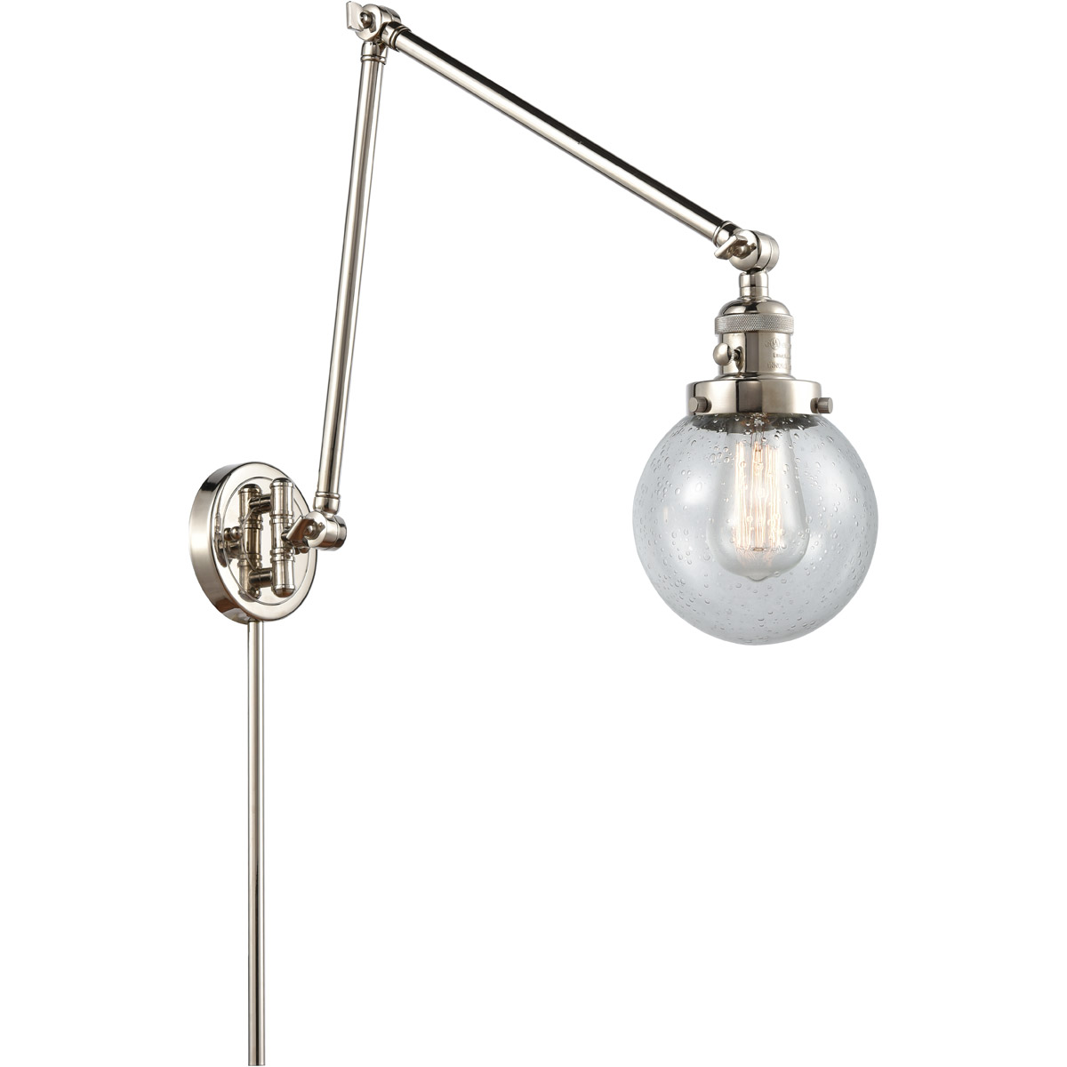 Beacon 30 inch 3.5 watt Polished Nickel Swing Arm Wall Light in Seedy Glass, Franklin Restoration