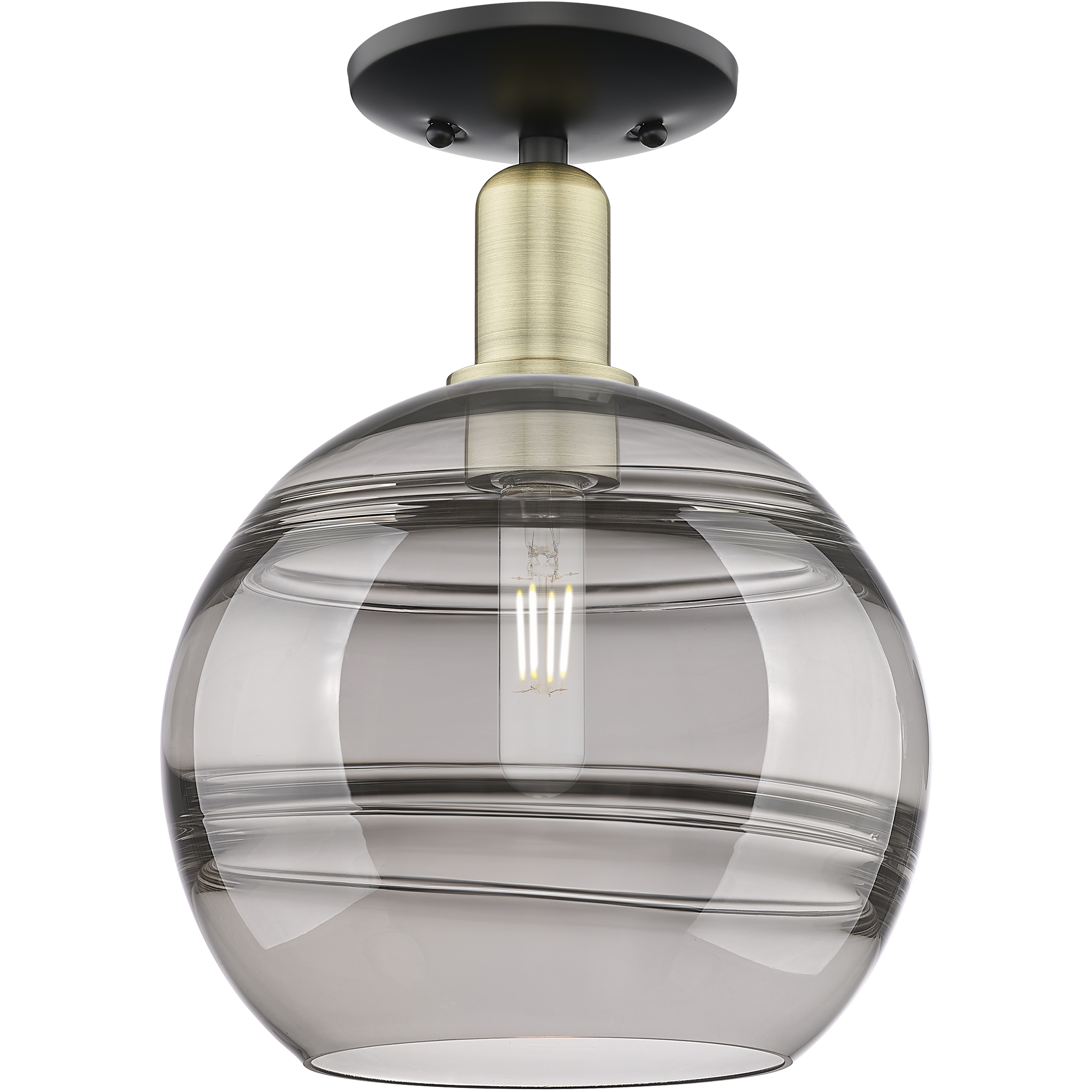Arcadia Rochester 1 Light 10 inch Black Antique Brass Semi-Flush Mount Ceiling Light in Light Smoke Glass