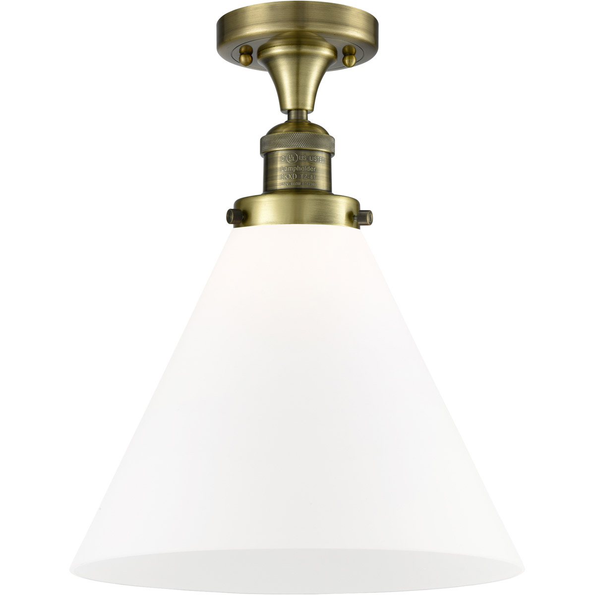 Franklin Restoration X-Large Cone 1 Light 12 inch Antique Brass Semi-Flush Mount Ceiling Light in Incandescent, Matte White Glass, Franklin Restoration