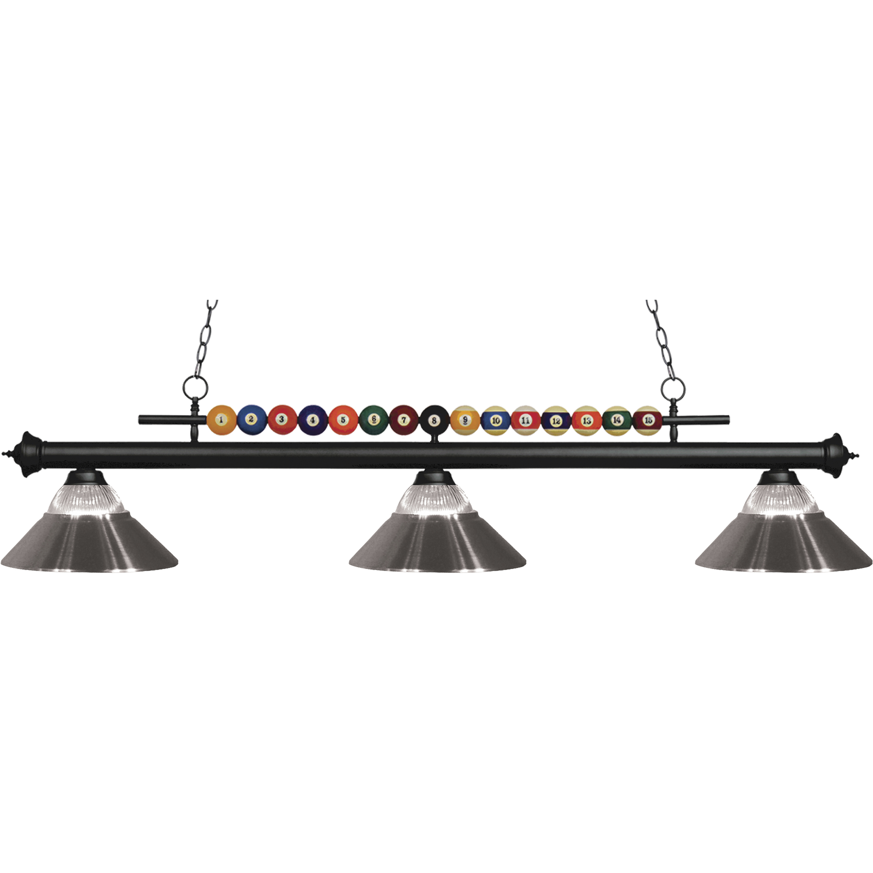 Shark 3 Light 58 inch Matte Black Billiard Ceiling Light in Clear Ribbed and Brushed Nickel Glass and Steel