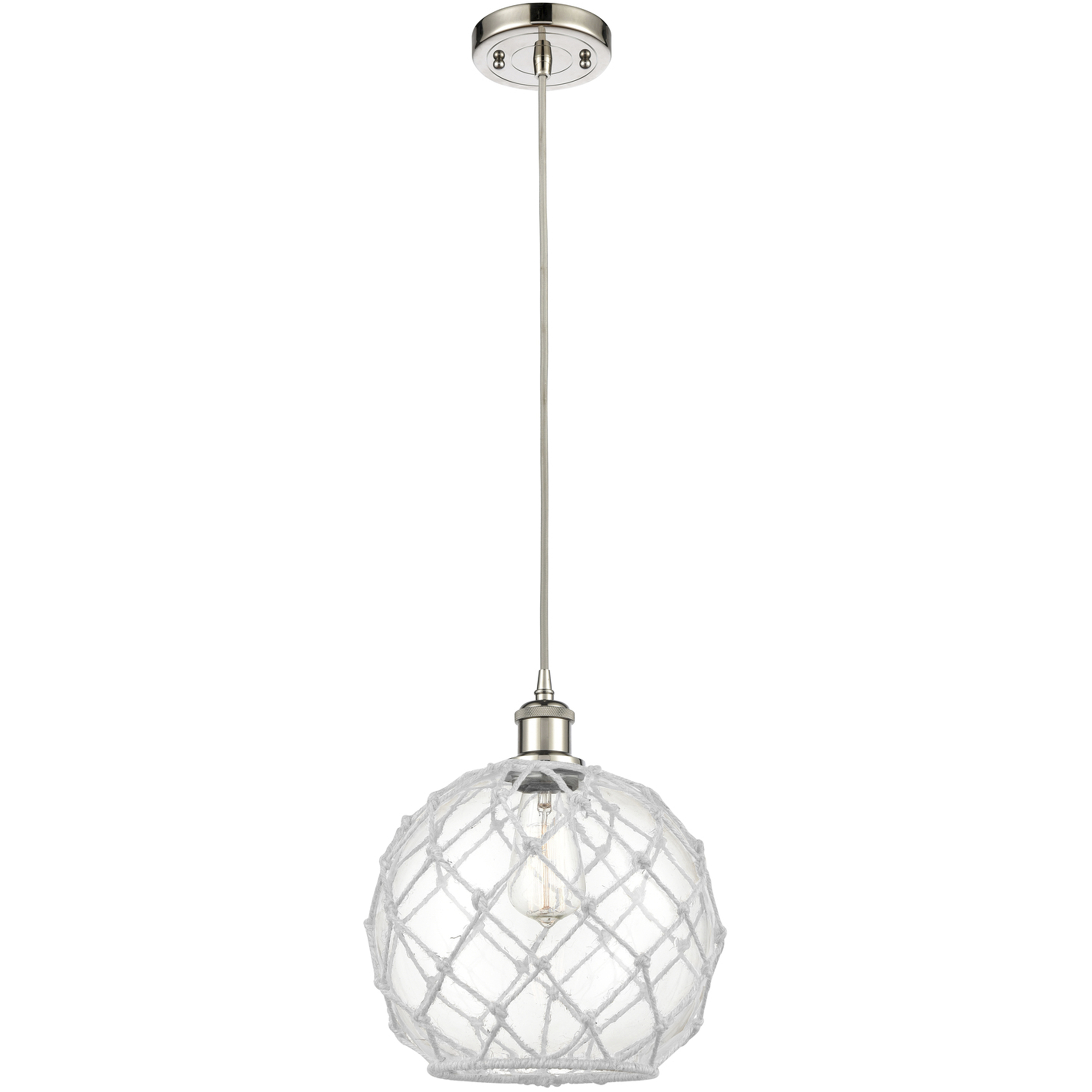 Ballston Large Farmhouse Rope LED 10 inch Polished Nickel Mini Pendant Ceiling Light in Clear Glass with White Rope, Silver, Ballston