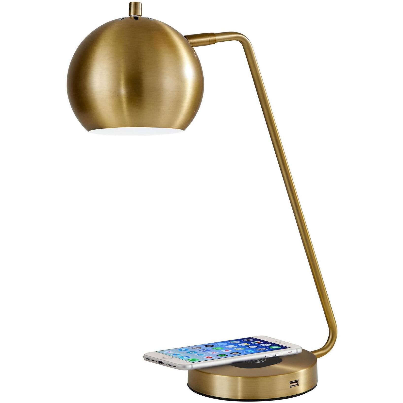 Emerson 18 inch 60.00 watt Antique Brass Desk Lamp Portable Light, with AdessoCharge Wireless Charging Pad and USB Port