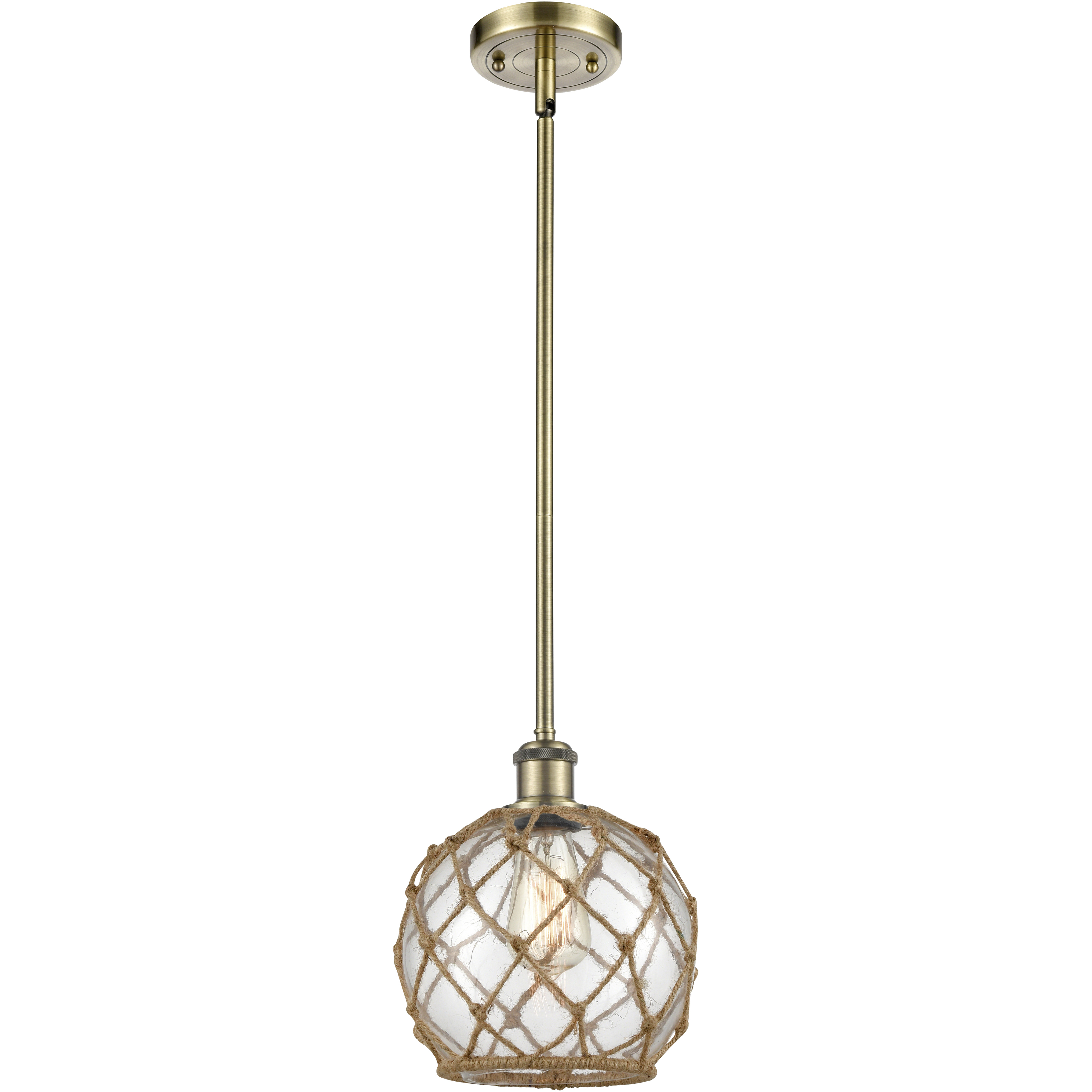 Ballston Farmhouse Rope LED 8 inch Antique Brass Pendant Ceiling Light in Clear Glass with Brown Rope, Ballston